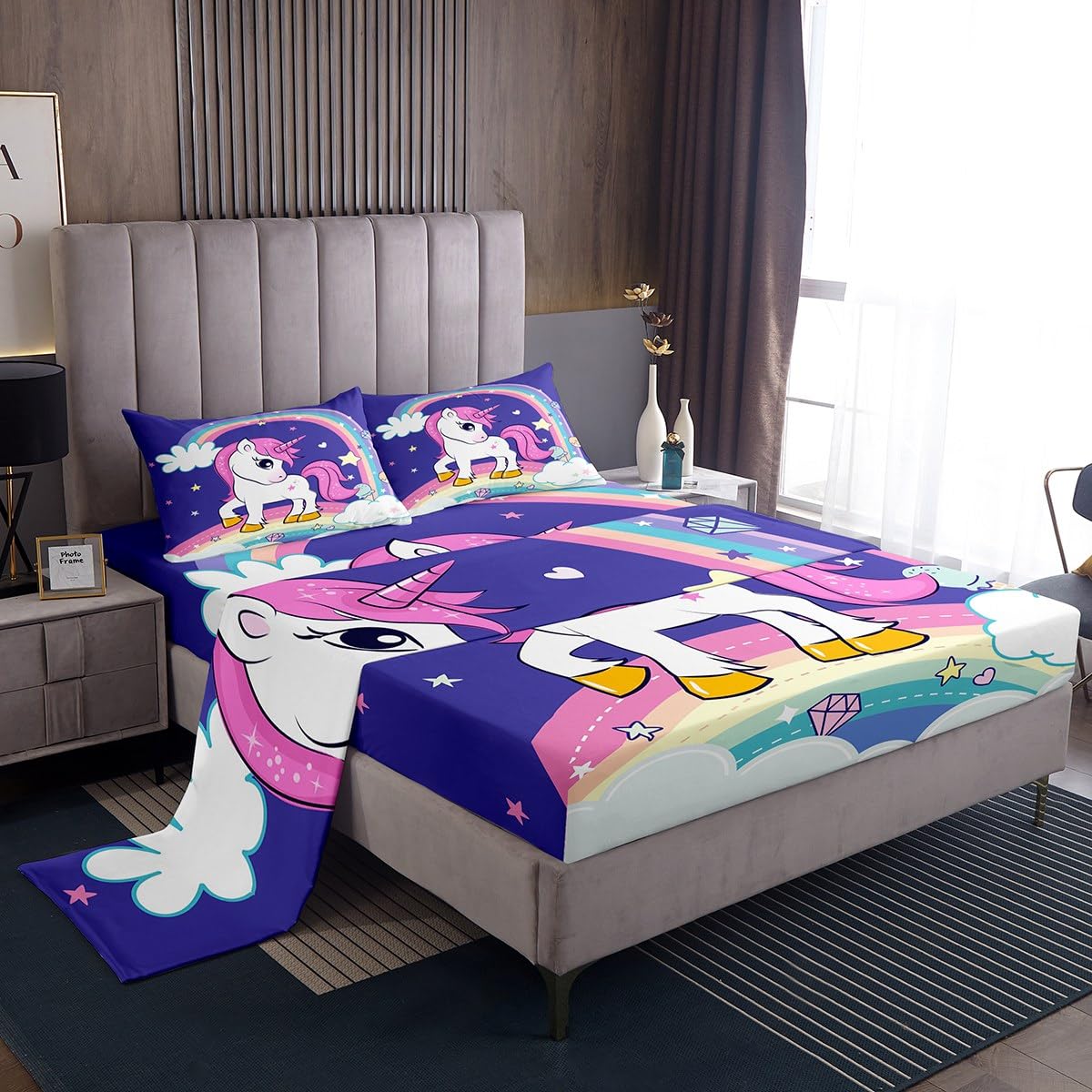 Juego de sábanas de unicornio para niñas, lindo juego de sábanas de unicornio arcoíris, sábanas kawaii de dibujos animados con bolsillo profundo, sábana bajera de galaxia, estrellas, decoración de fa