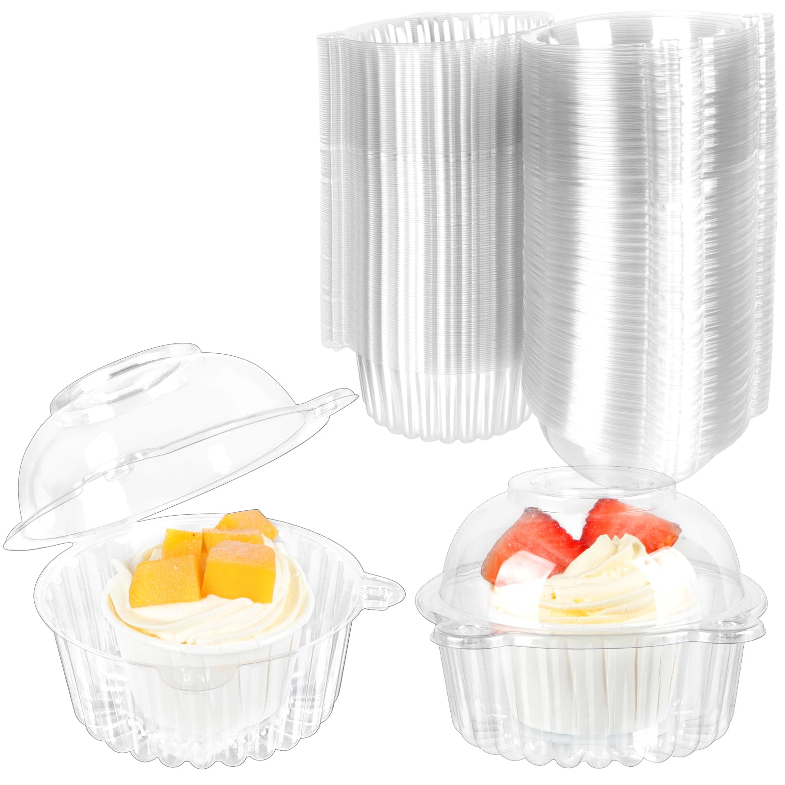 Sanbege 150 Pcs Cupcake Holders with Dome Lids, Stackable Individual Plastic Muffin Containers, Cute Dessert Boxes Disposable for Bake Sale, Party Favor Cake, Fruit, Salad, Cocoa Bombs (Clear)