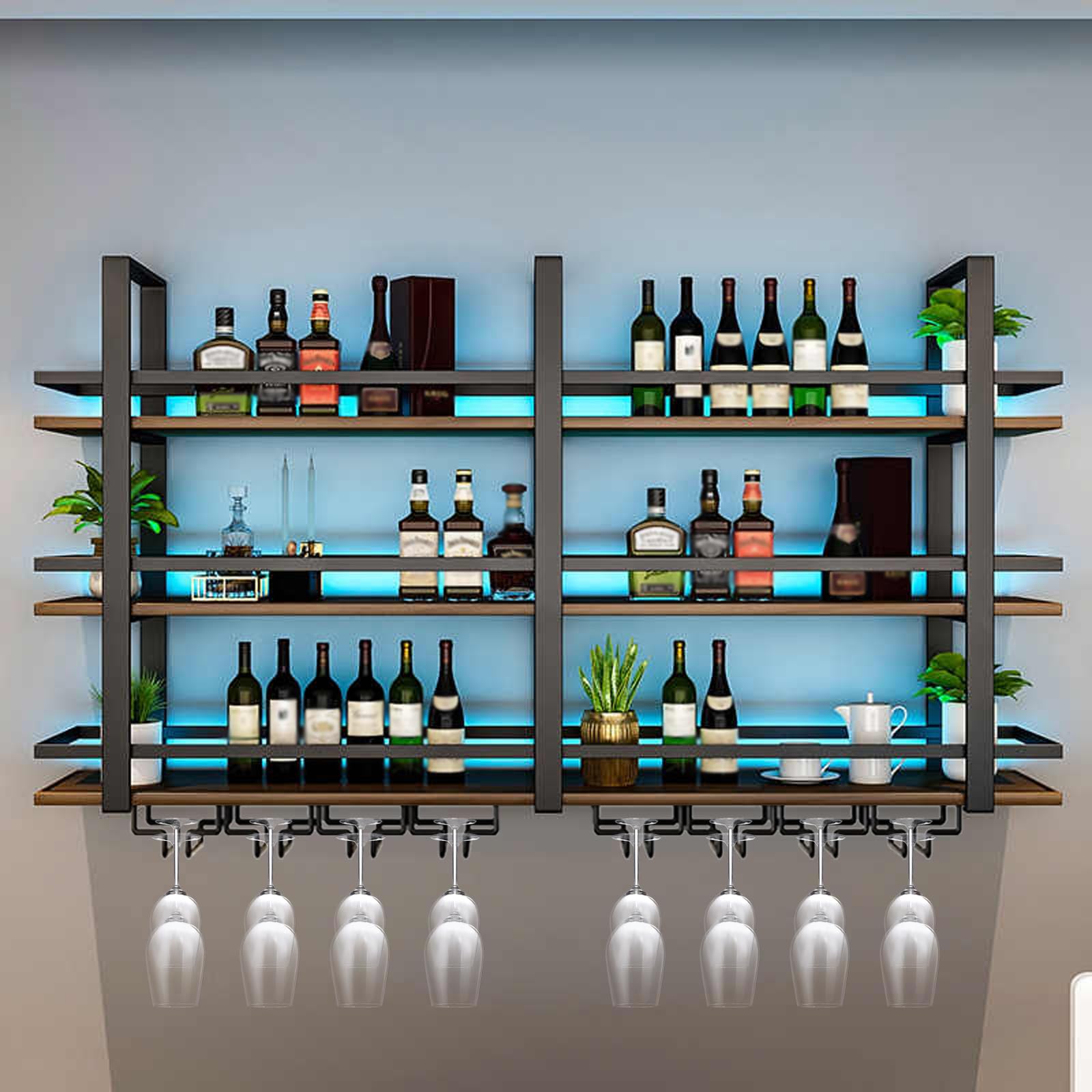 Portabottiglie da Parete con Luce a LED, Mensola Espositivi in Metallo per Bottiglie di Liquori, Espositore di Vino di Grandi Dimensioni, con Portabicchieri per Casa, Cucina, Bar, Sala (nero, 160cm)