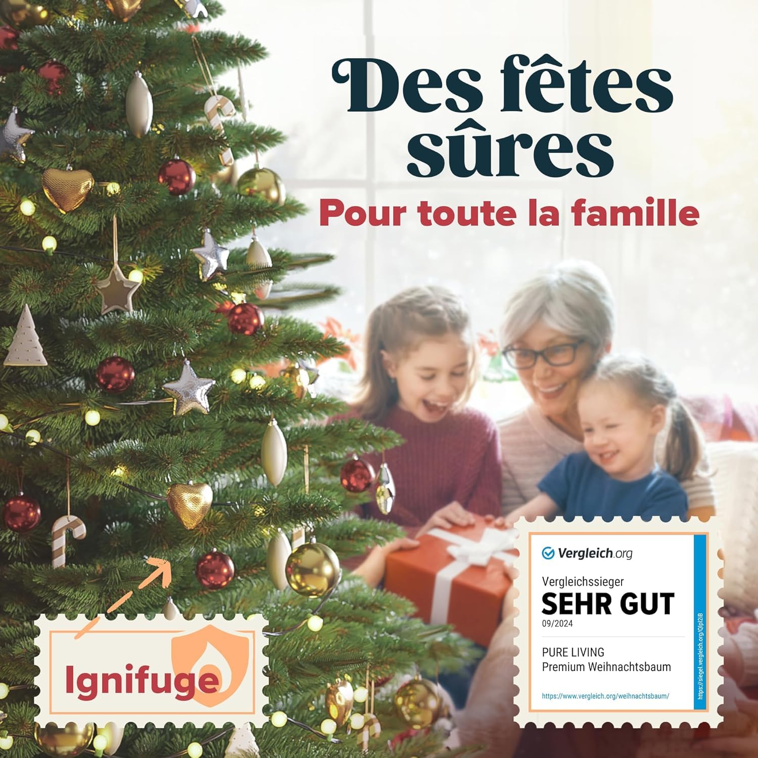 Sapin de Noël Artificiel Premium 120 cm - Gagnant du Test - Réalisme Exceptionnel, Branches épaisses, livré avec Support en Bois et Sac de Rangement – Pure Living