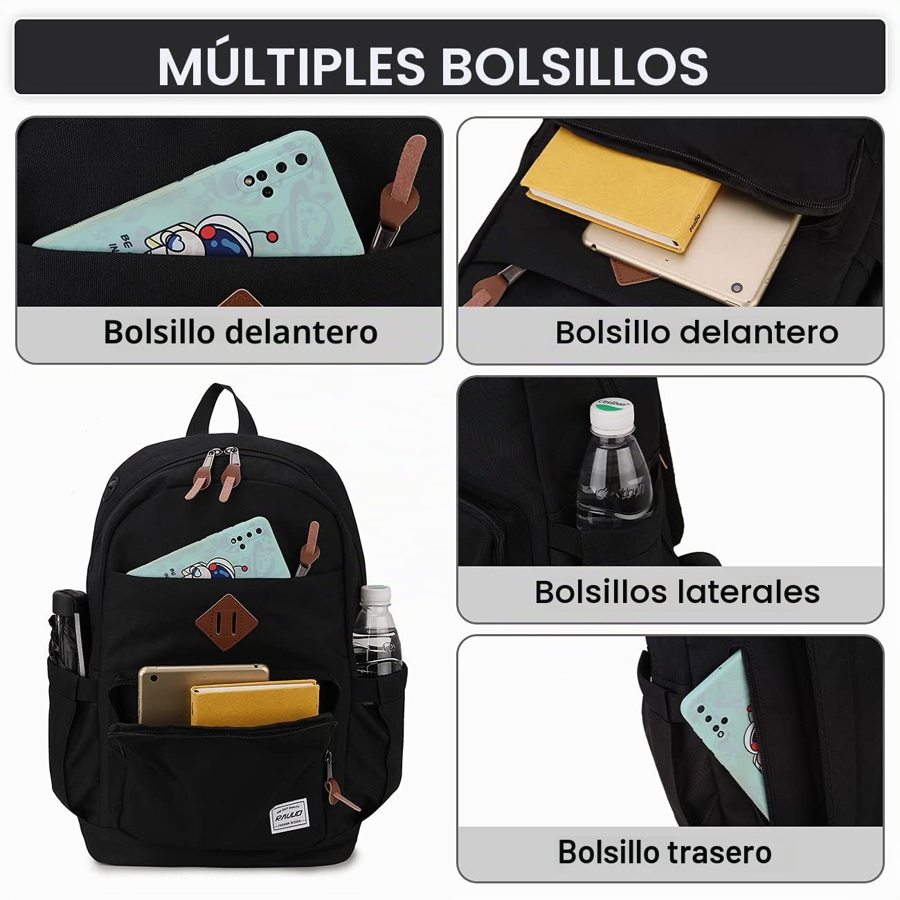Mochila Escolar,RAVUO Casual Mochila Hombre Impermeable Mochila Escolar Adolescente Chico Grande 20 Litros Mochila Instituto Ligera Mochila Portatil 15.6 Pulgadas para Universidad Viaje Trabajo,Nergo