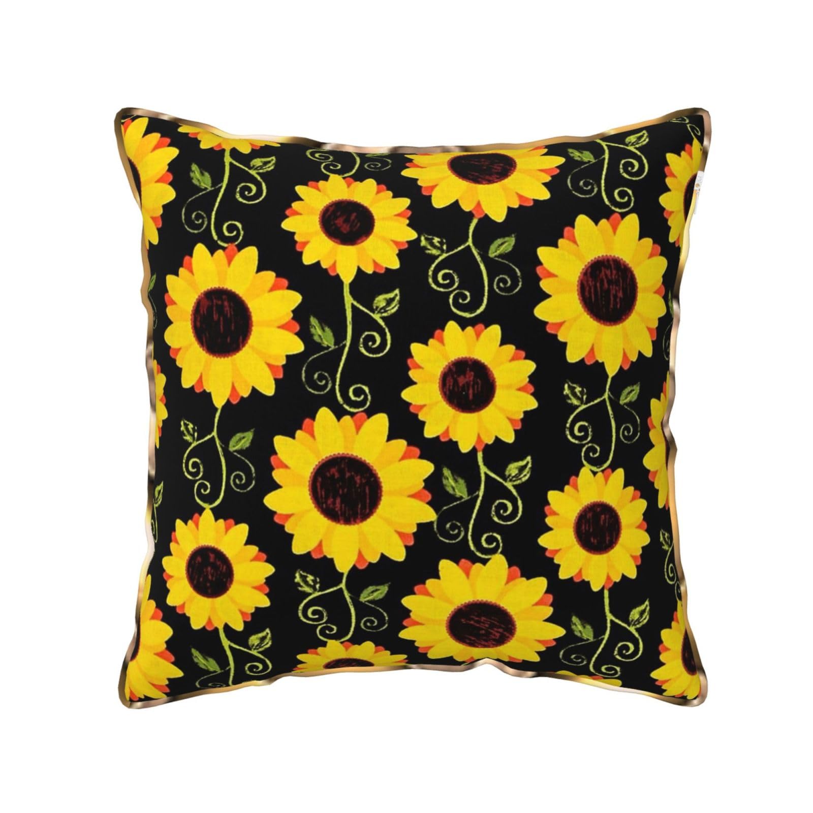 AUBKFELD Sunflower Floral Printed Velvet Cushion Cover 45x45 CM with Gold Edging Strip, Square Pillowcase Soft Throw Pillow Covers Case Decorative for Living Room Sofa Couch Bed Bench