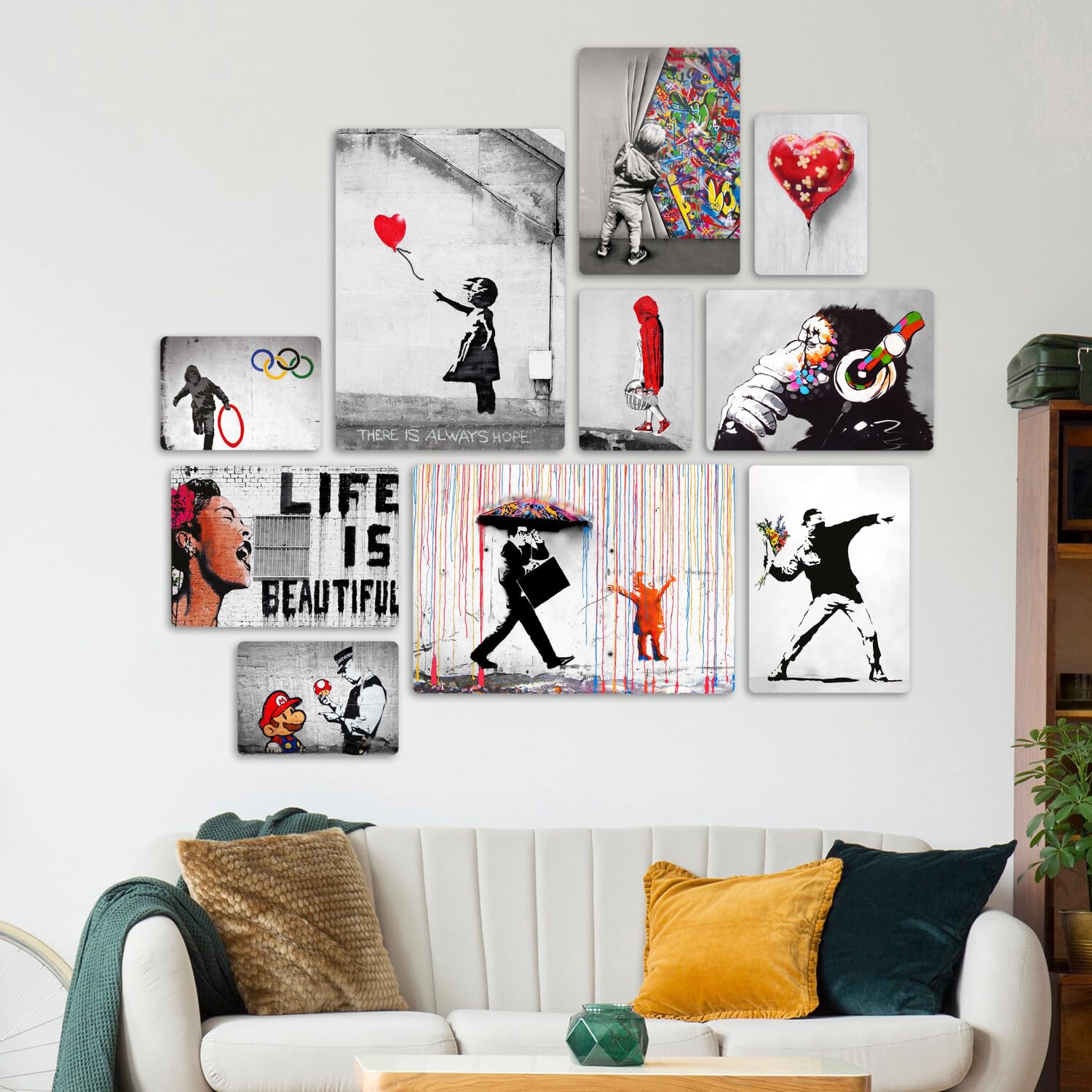 Banksy Sammlung 1 Giallobus Satz von 10 mehrteiligen Gemälden MDF-Holz 42x29,7cm 29,7x21cm 21x14,85cm