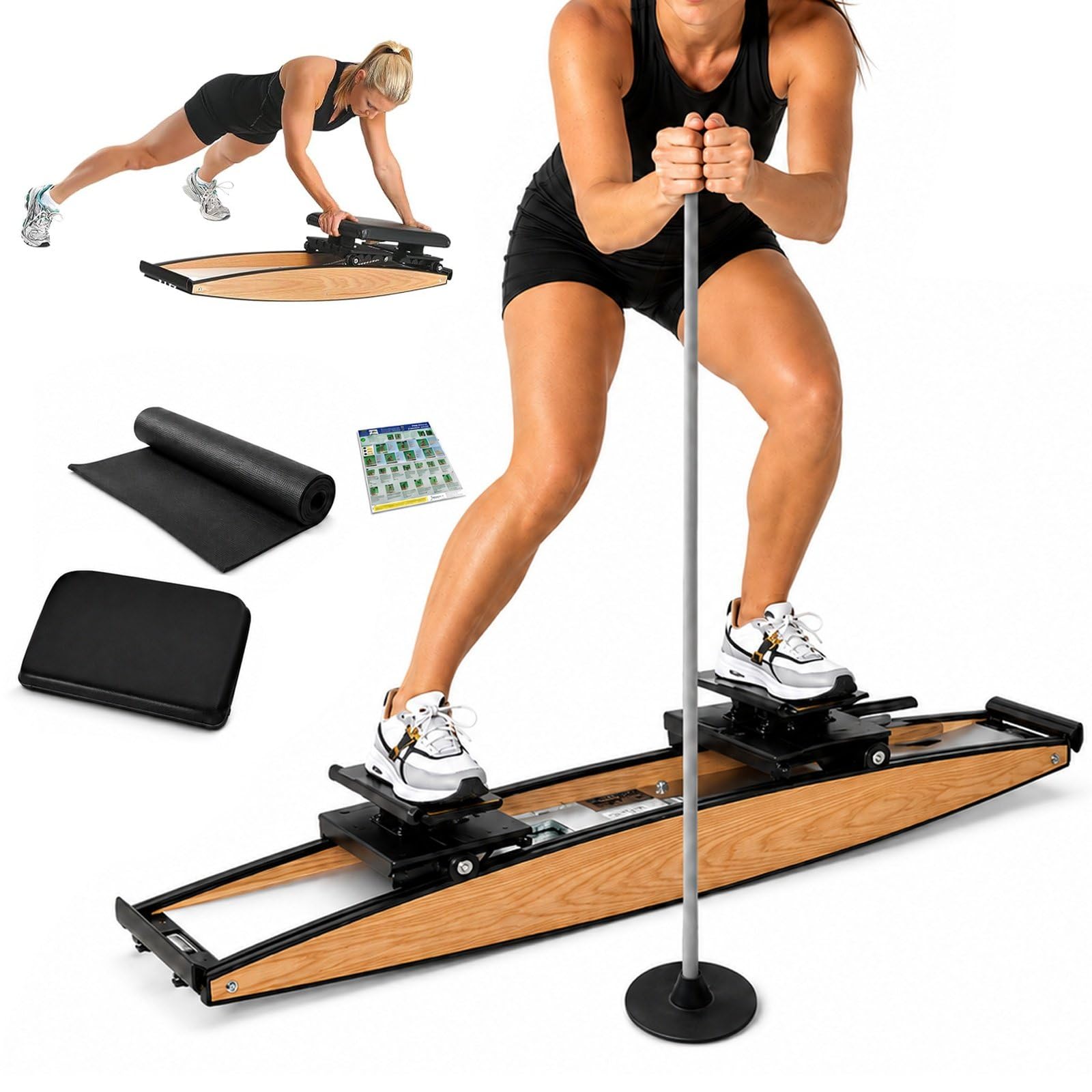 Macchina da Sci, Attrezzo Allenamento Sci con Portata Max. 150 kg | 4 Livelli, Resistenza 0-100 kg, Rulli in Gomma, Seduta Removibile, Tappetino per Allenamento a Casa
