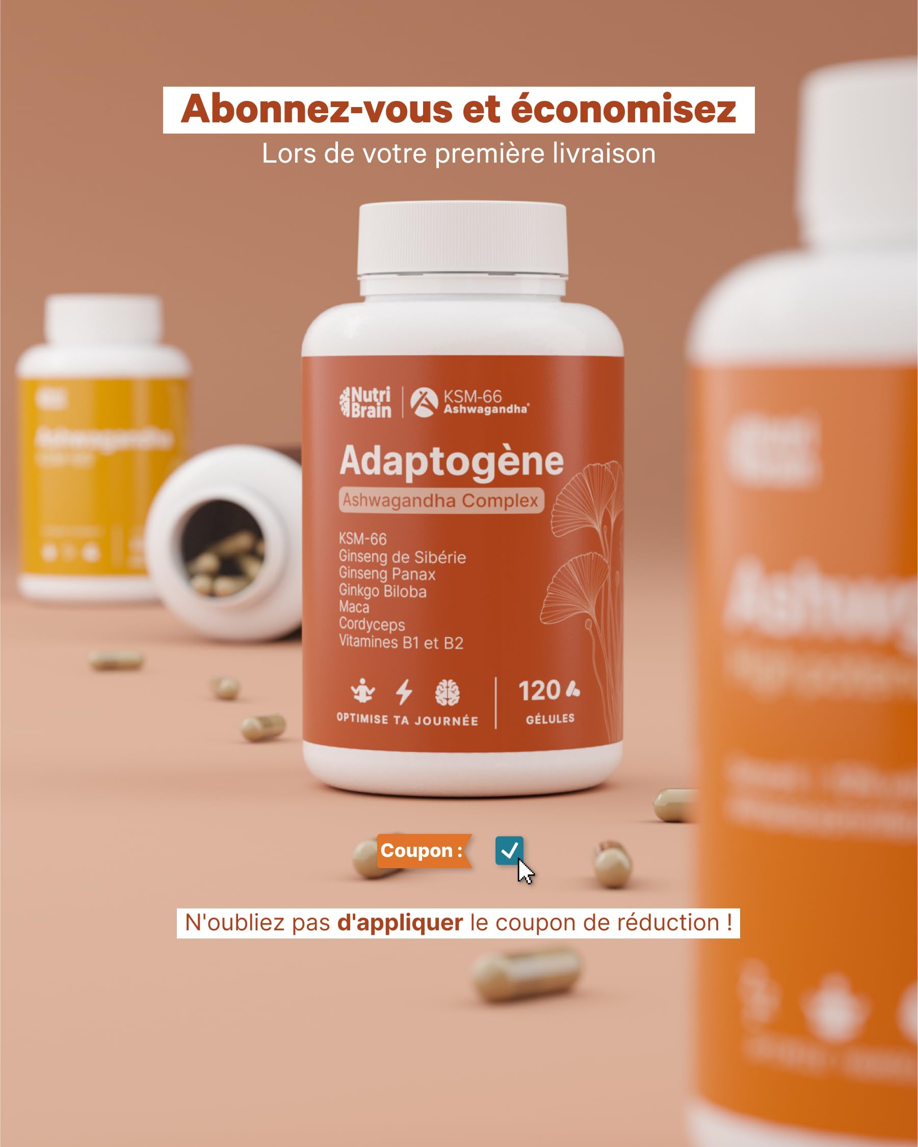 Ashwagandha Complex avec KSM-66, Ginseng, Ginkgo Biloba, Maca, Cordyceps, Vitamines B1-B2 | Adaptogène Anti-stress, Équilibre, Énergie, Performance | 120 Gélules | Végan, Sans OGM, Sans Gluten