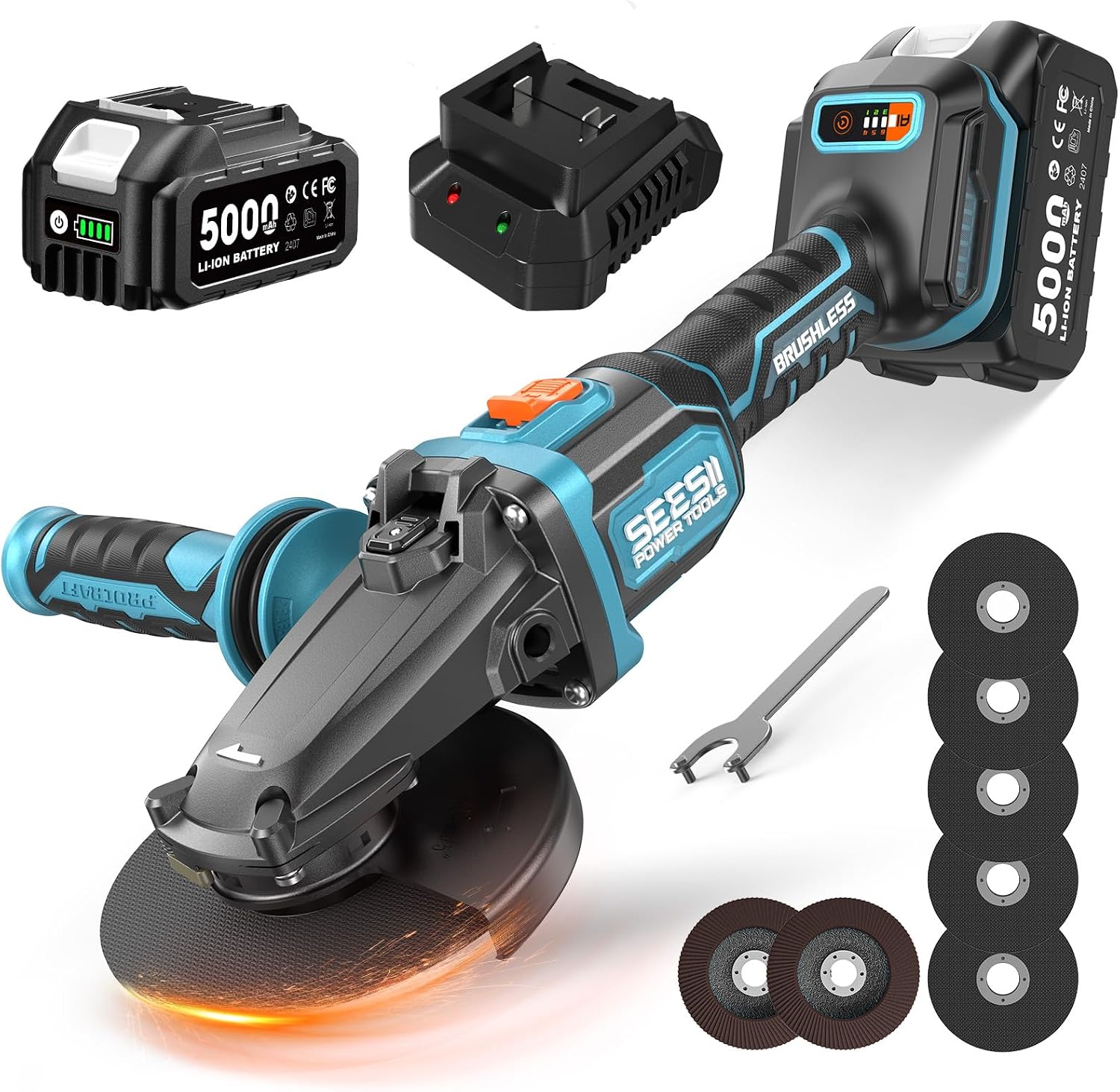 SEESII Flathead Brushless Angle Grinder, 5.0Ah Battery and Fast Charger, Drop Protection, 21V 6 Variable Speed Cordless Grinder Kit 4-1/2 to 5" Cut Off Tool for Metal Cutting, Auto Body, DIY