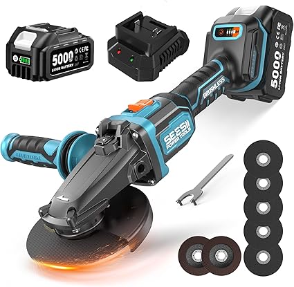 SEESII Flathead Brushless Angle Grinder, 5.0Ah Battery and Fast Charger,