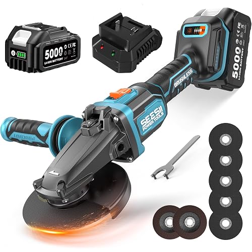SEESII Flathead Brushless Angle Grinder, 5.0Ah Battery and Fast Charger, Drop Protection, 21V 6 Variable Speed Cordless Grinder Kit 4-1/2 to 5" Cut Off Tool for Metal Cutting, Auto Body, DIY