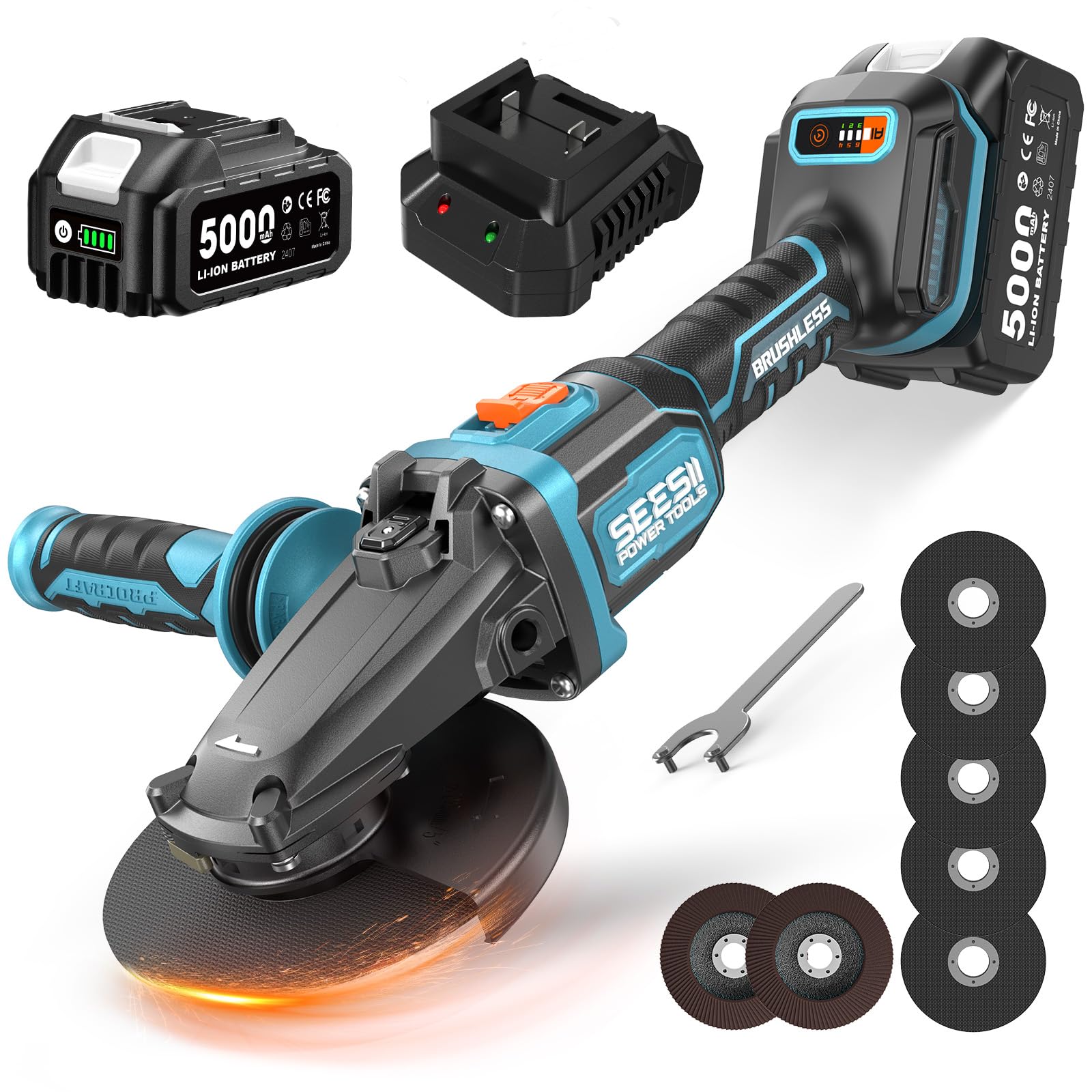 SEESII Flathead Brushless Angle Grinder, 5.0Ah Battery and Fast Charger, Drop Protection, 21V 6 Variable Speed Cordless Grinder Kit 4-1/2 to 5" Cut Off Tool for Metal Cutting, Auto Body, DIY