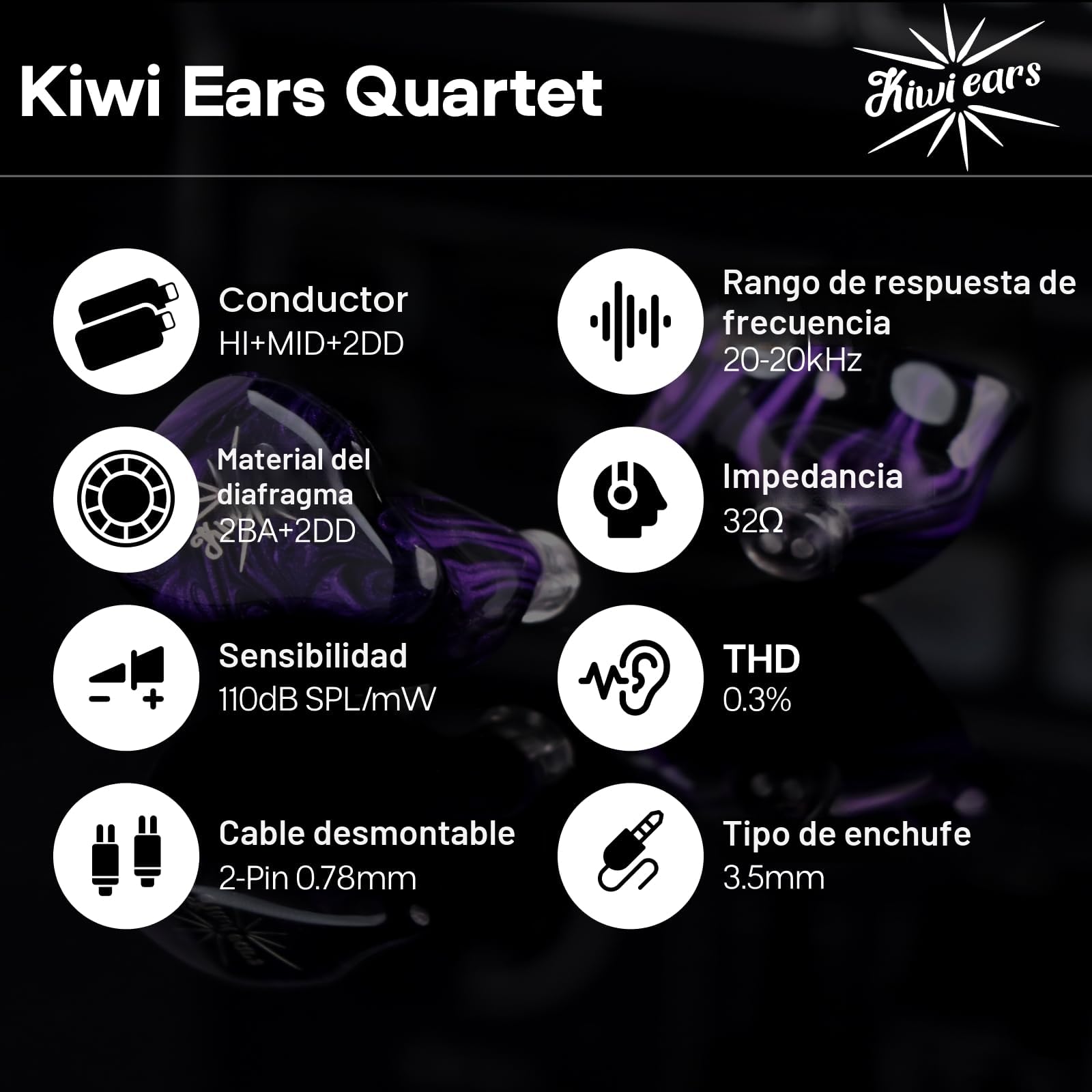 Linsoul Kiwi Ears Quartet 2DD+2BA Hybrid In-Ear Monitor, Auriculares HiFi con Carcasa de Resina Hecha a Mano, Cable IEM OFC Plateado Desmontable para músicos audiófilos DJ Studio Gaming