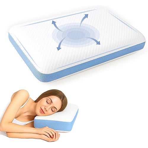 Memory Foam Bed Pillow for Side and Back Sleepers, Soft Supportive Pillow with Breathable Washable Cover – Blue & White Premium Home Bedding Cushion
