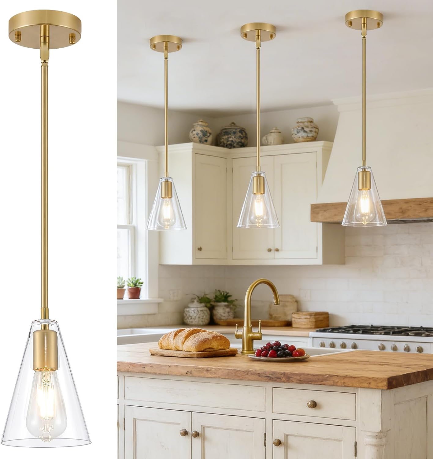 Dijiahua Gold Pendant Lights Kitchen Island 3 Pack, Modern Hanging Island Pendant Lights Over Sink with Clear Glass Shade,Small Chandeliers Adjustable Metal Tube Hanging Lighting for Table Bedroom