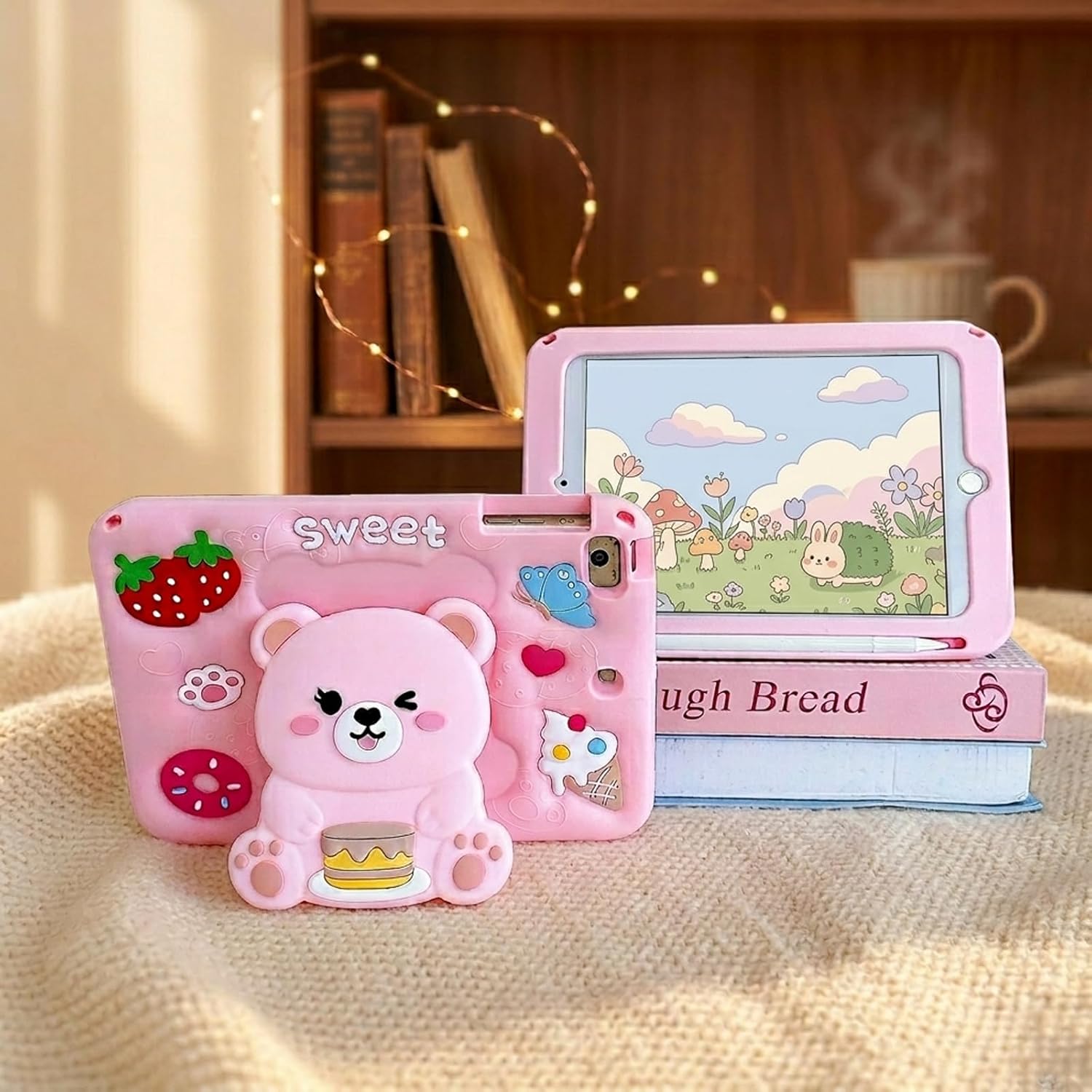 for iPad A16 Case 11th Generation 11 Inch 2025/for iPad 10th Generation Case 2022 10.9 Inch - Cute Cartoon Soft 3D Silicone Bear Cover with Strap & Stand for Girls Girly