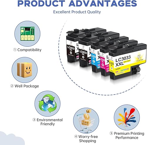 Miniatura 6 de Miss Deer LC3033 - Cartucho de tinta BKCMY, repuesto para Brother LC3033XXL LC-3033, trabajo para impresora Brother MFC-J995DW MFC-J995DWXL