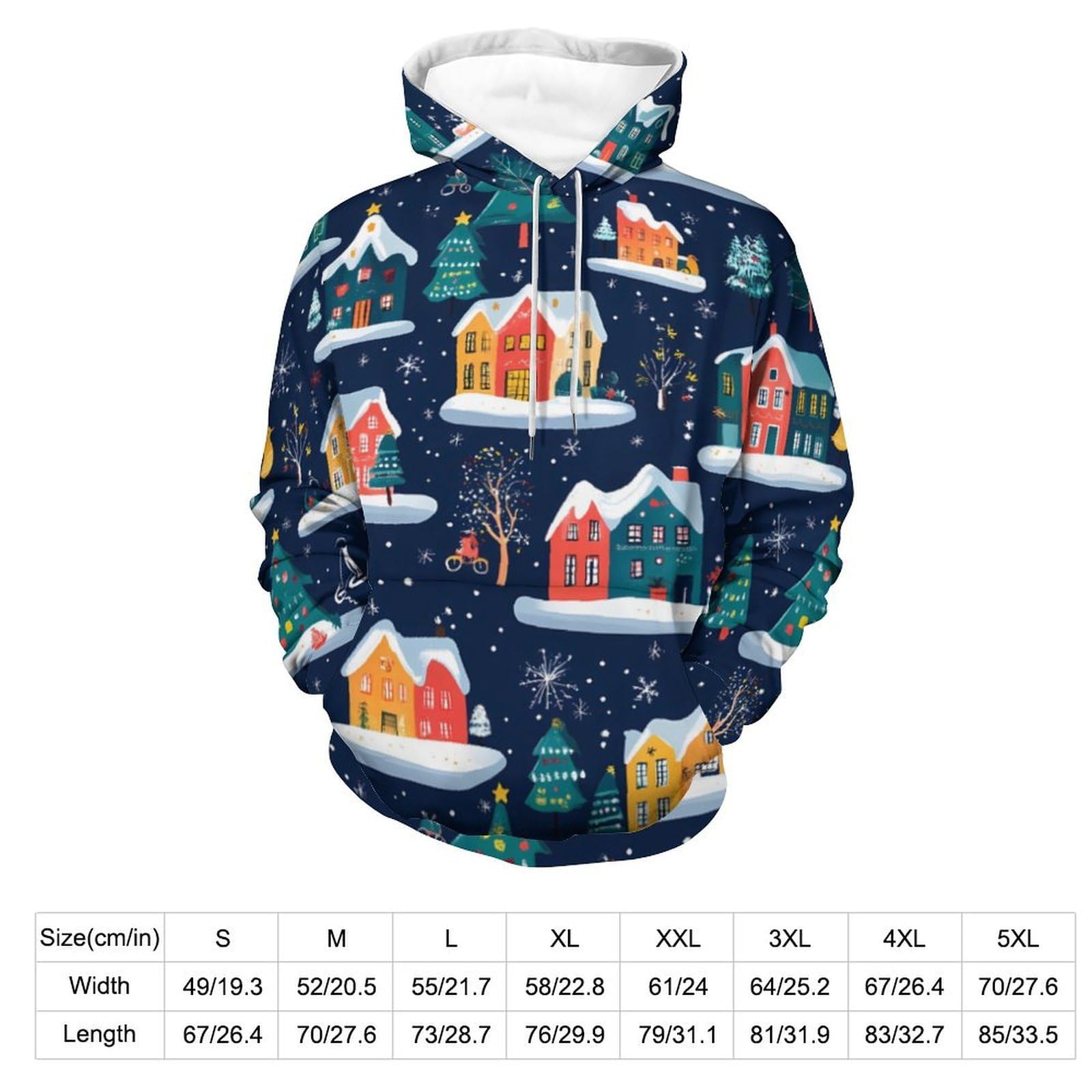 Felpa con cappuccio alla moda con case colorate di Natale per uomo donna manica lunga grafica colorata morbida pullover top
