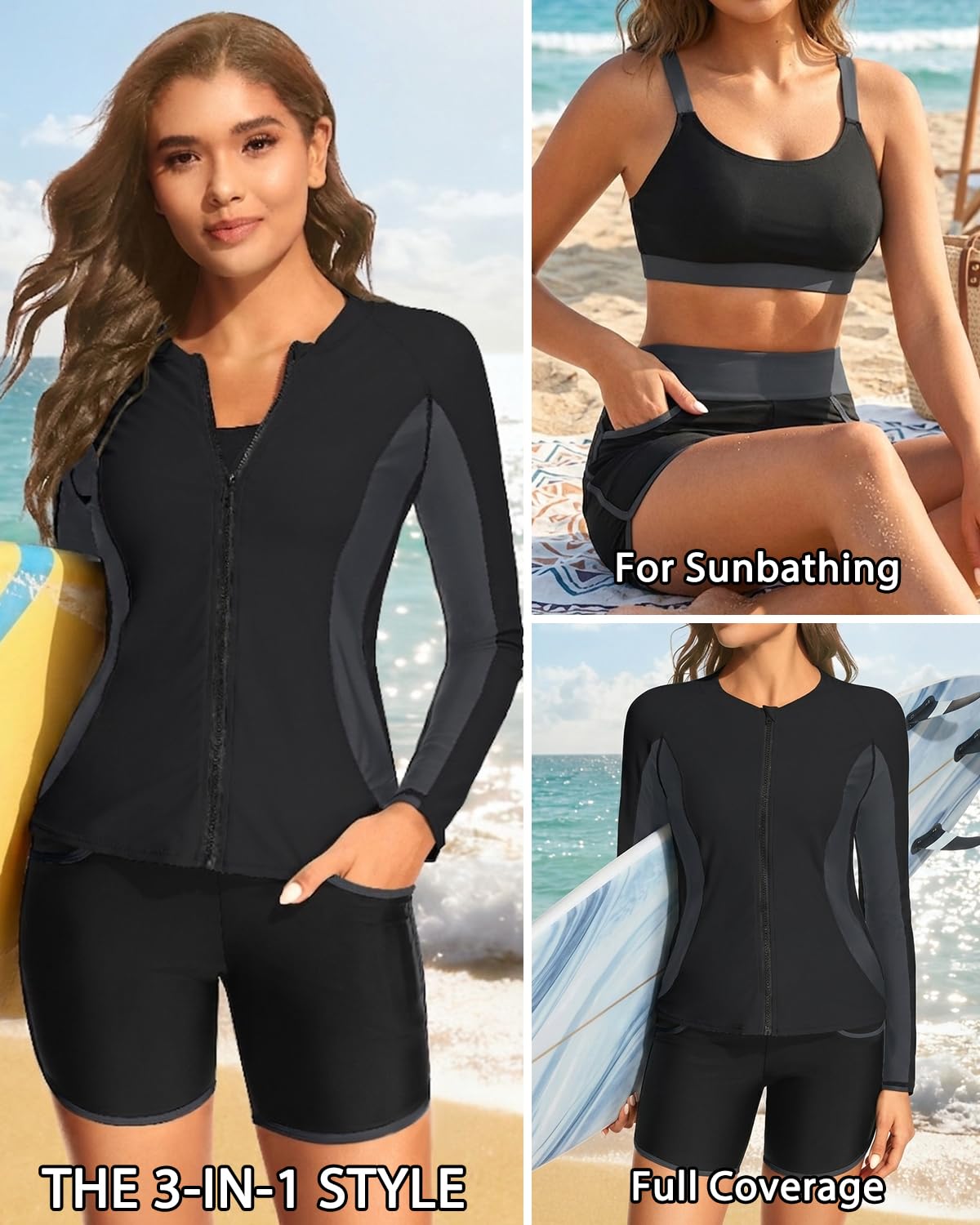Traje de baño de 3 piezas para mujer, de manga larga, brasier integrado, con cremallera, pantalones cortos y bolsillos