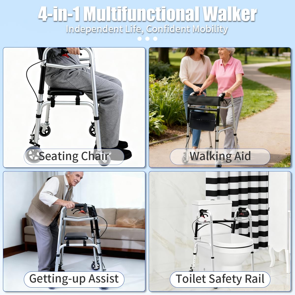 Pacha-steupra Lightweight Walkers for Seniors, Height Adjustable Standard Walker, Foldable Rolling Adult Walker, Medical Walking Mobility Aid with Wheels, Padded Seat, Supports 440 lbs