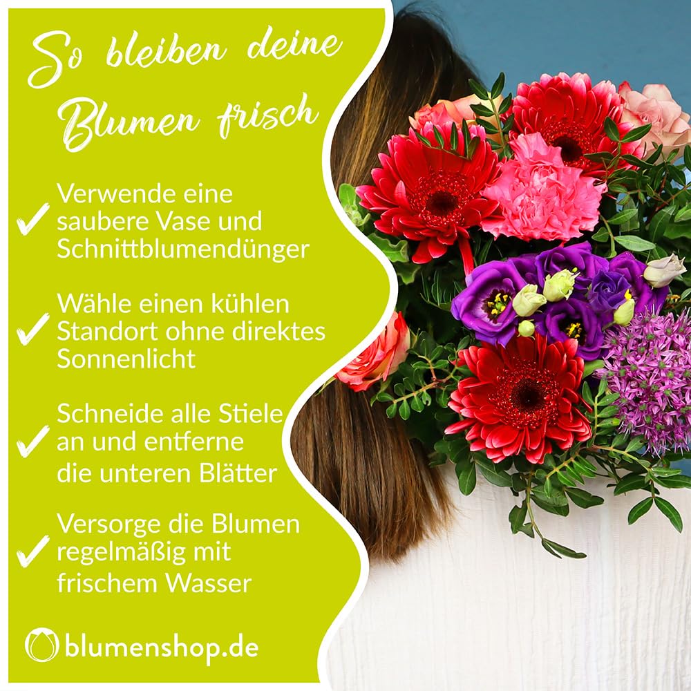 Blumenstrauß Farbenfroh, Bunte Blumen versenden, handgebunden mit 7-Tage-Frische-Garantie, Gerbera, Rosen, Nelken, Chrysanthemen und Inkalilien, Blumenversand