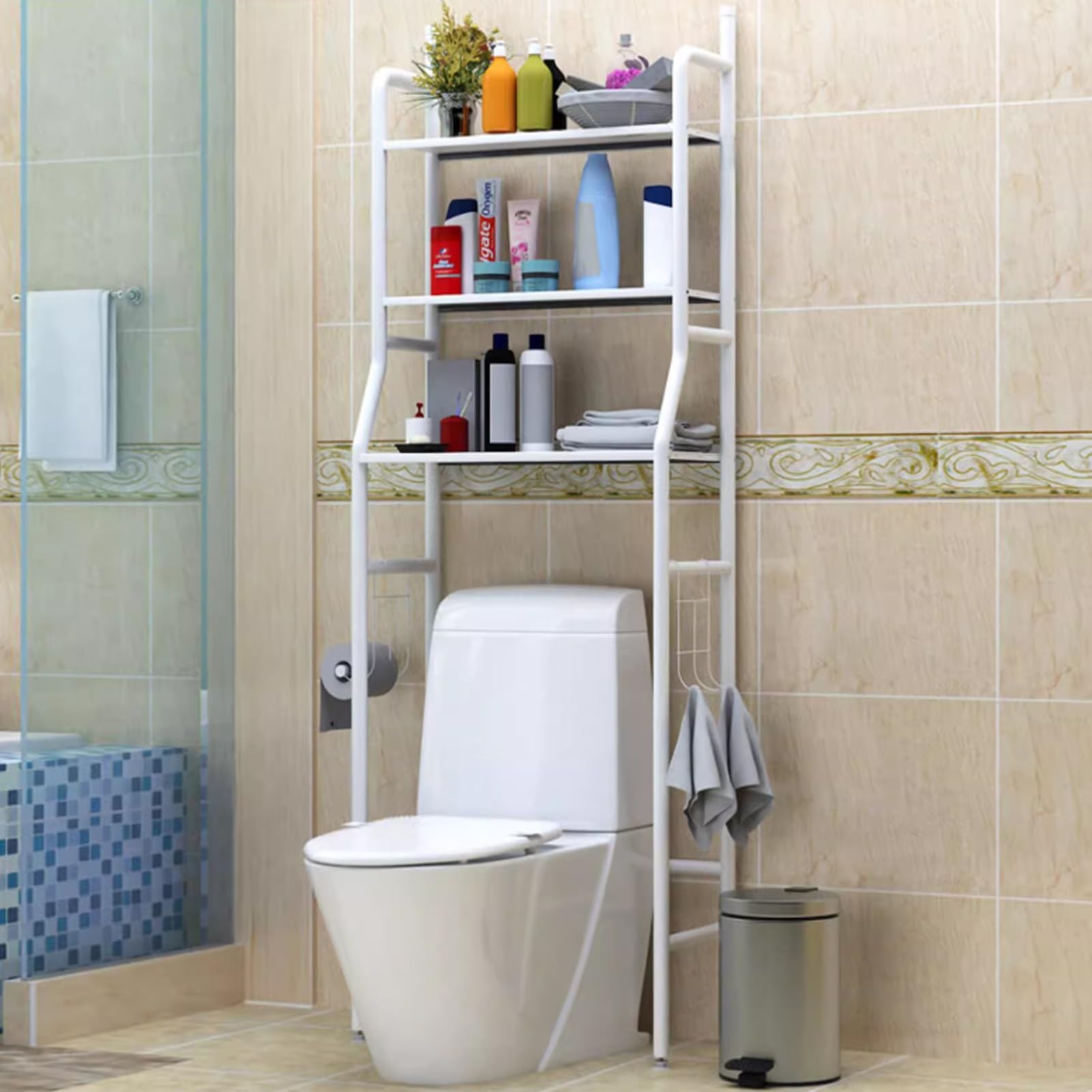 Armadietto portaoggetti bianco sopra il WC, 3 ripiani, autoportante, salvaspazio, per lavanderia, bagno e hotel