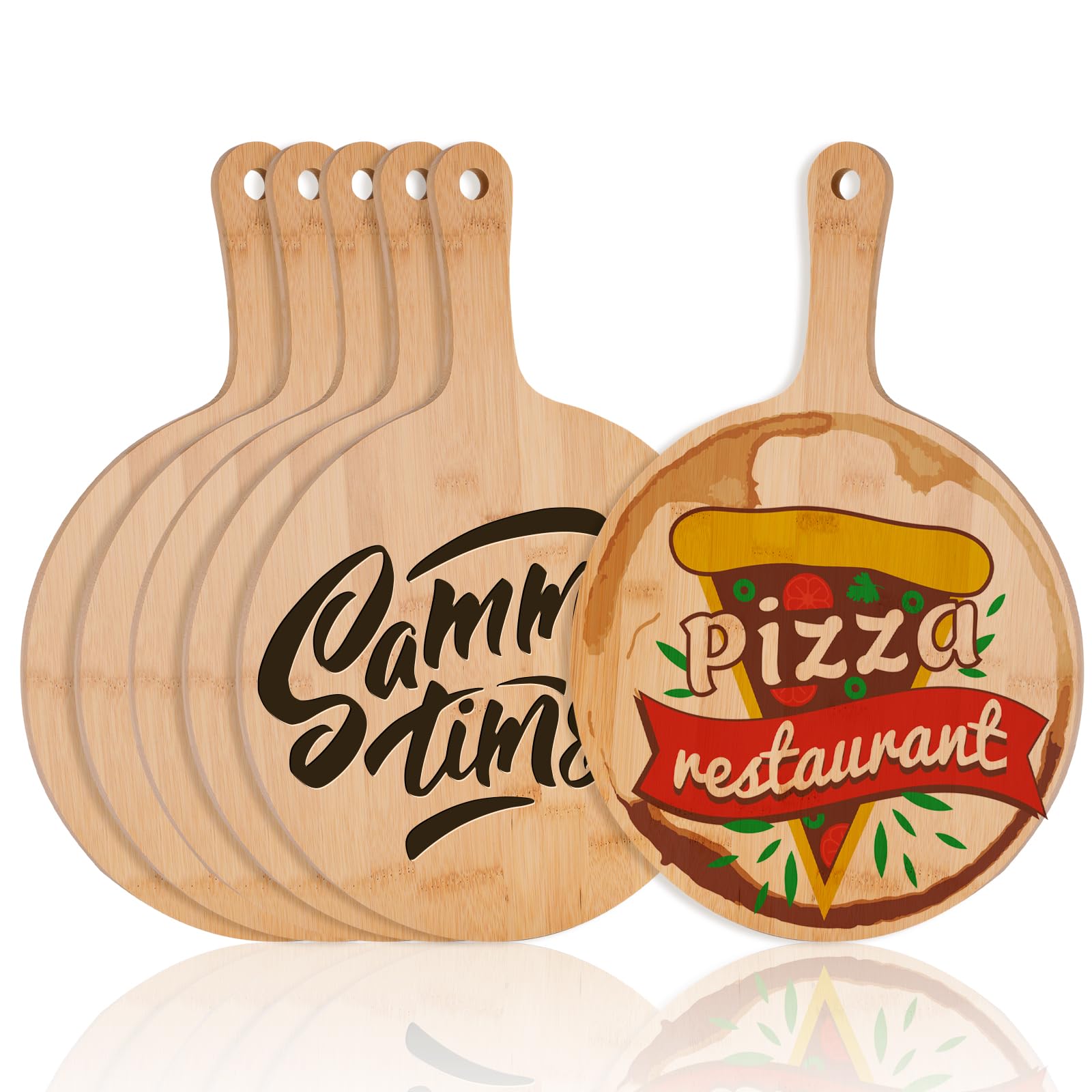 6 Pack Sublimation Bamboo Pizza Board Round with Handle Blanks L 15" x W 10.2" Thickness 0.47“ Sublimation Wooden Pizza Peel for Kitchen Cheese Fruit Vegetables