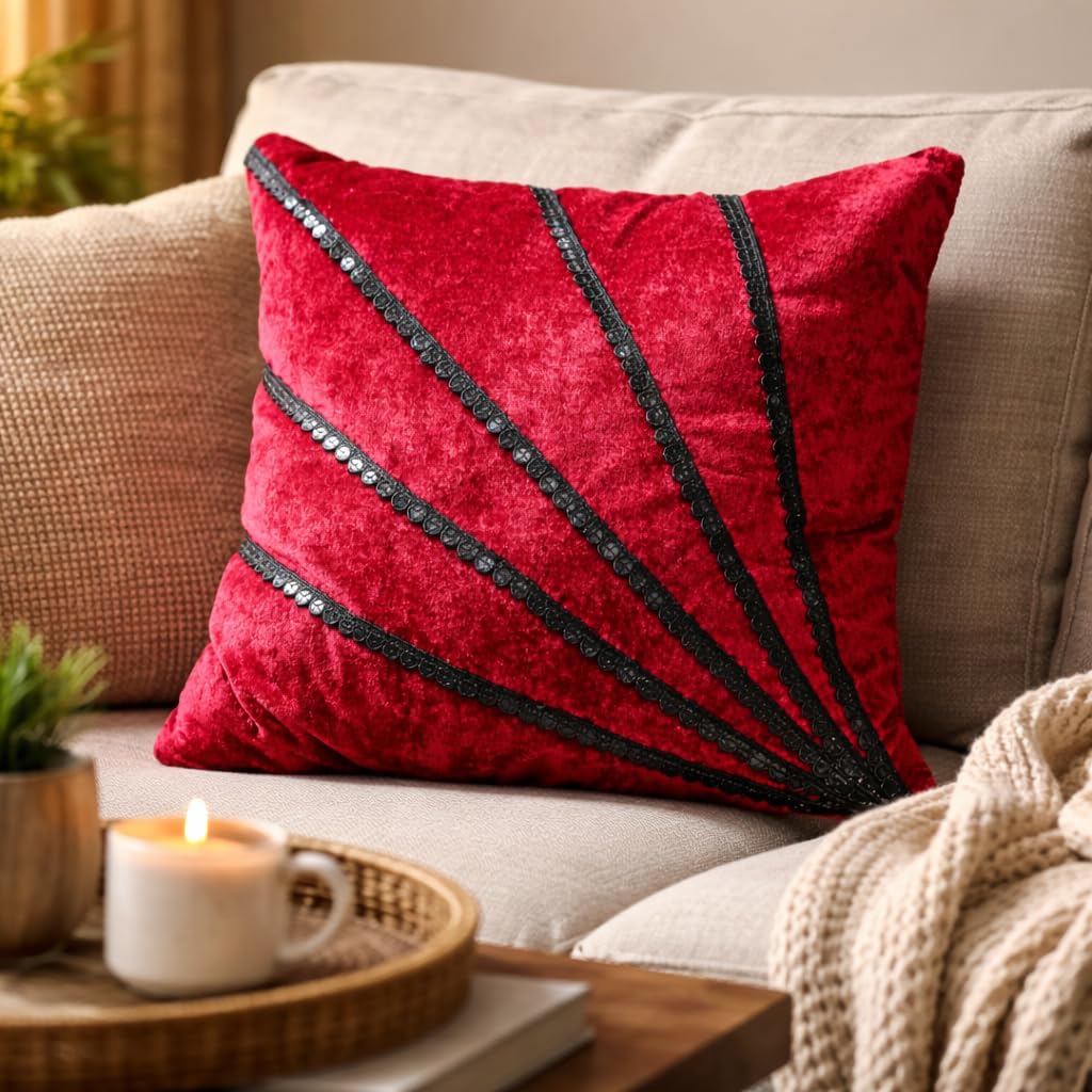 Decorative Pillow with Gold Fringe Trim, Burgundy Red Velvet, Luxury Throw Cushion, Home Decorative, Soft Cussion with Lace Work | Comfort for Chair, Soft and Travleing (SQUAR-MRNBLK)-image-38