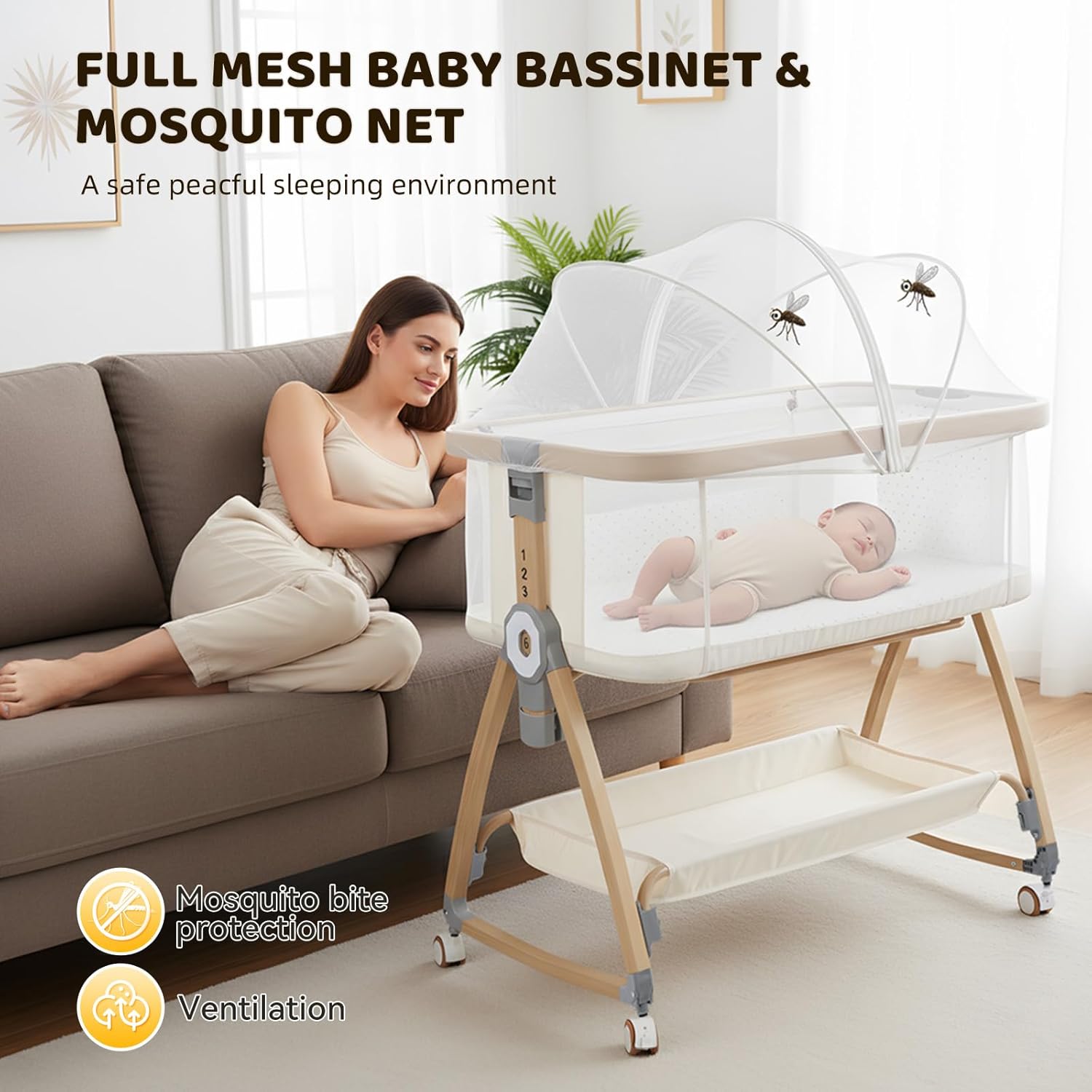 Bassinet Bedside Sleeper,Baby Bassinet,Rocking Bassinet,4-in-1 Full Mesh Quick Assembly Portable Bedside Crib with Mattress,Mosquito Net,6-Level Height Adjustable Bassinet with Travel Bag for Newborn | Breathable material
