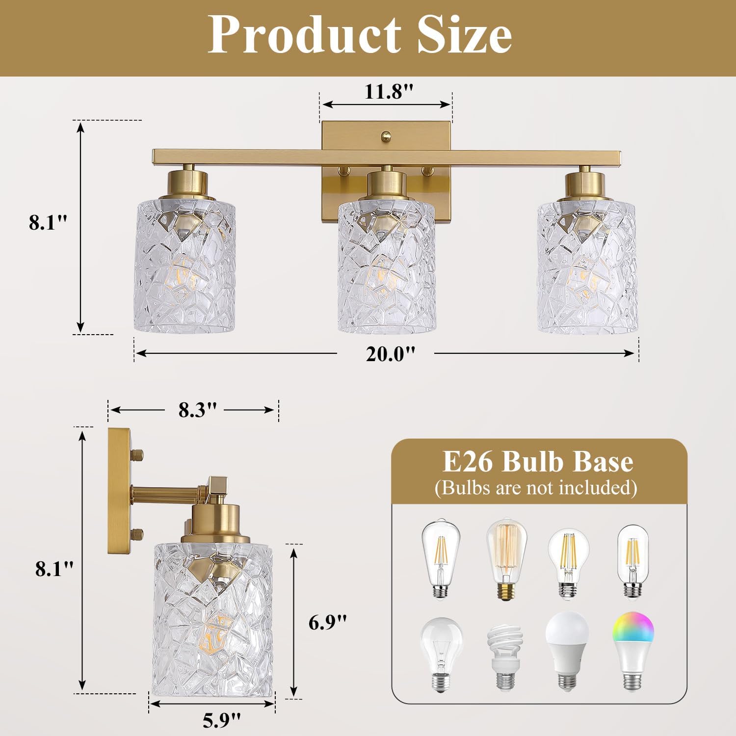 Stainless Steel Bathroom Vanity Light Over Mirror, 3 Light Brushed Gold Bathroom Light Fixtures with Textured Glass Shades,Ceramic E26 Sockets Wall Mounted Vanity Lights for Bathroom