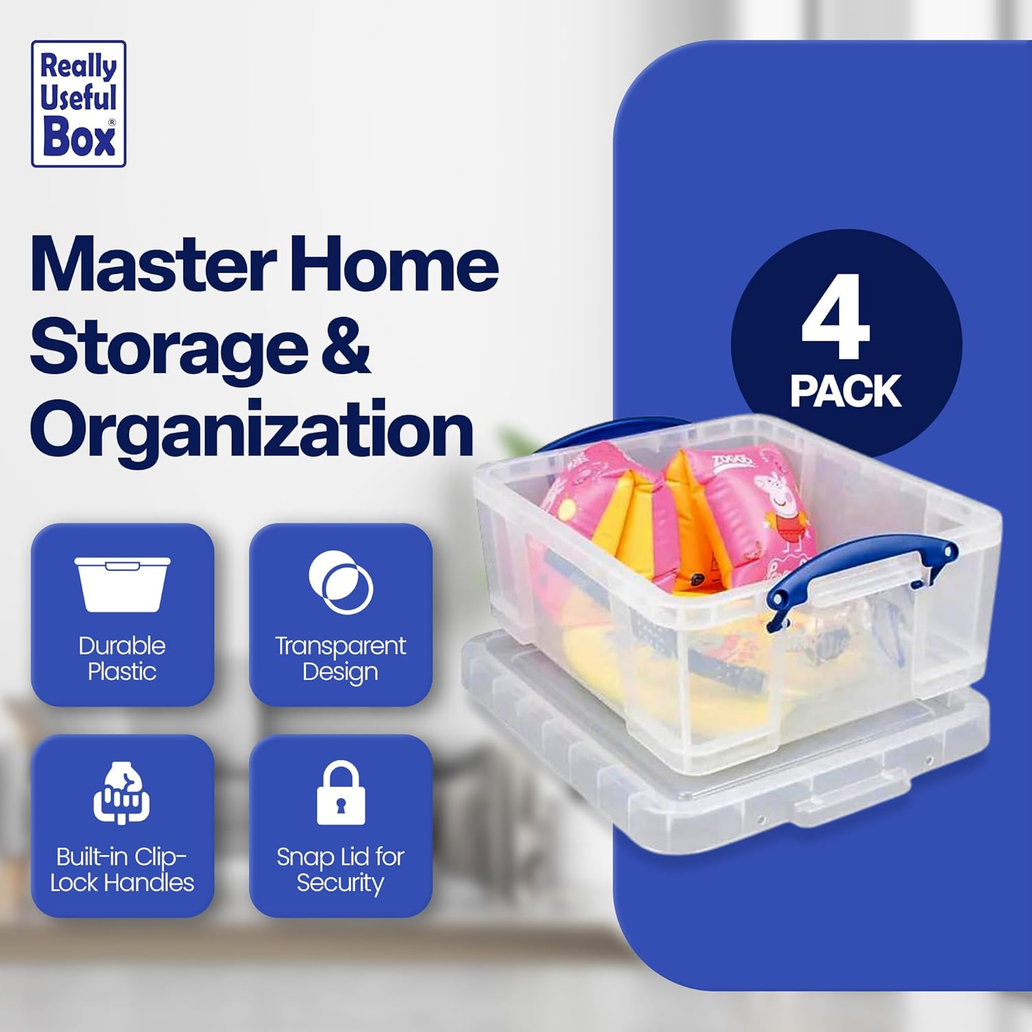 Really Useful Box 4 Pack 17L Plastic Storage Bins with Snap Lids and Clip Lock, Clear