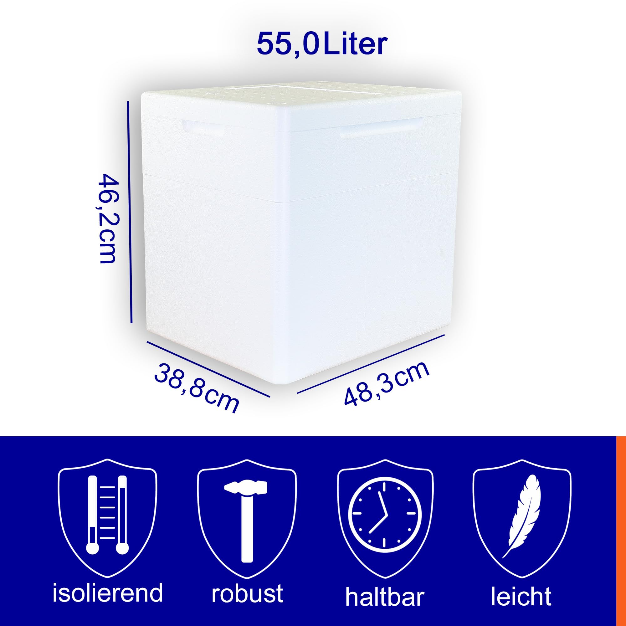 Styroporboxen 55 Liter mit Deckel | Thermobox Innenmaß: 42 x 32,5 x 40 cm | Isolierbehälter in weiß | wiederverwendbar
