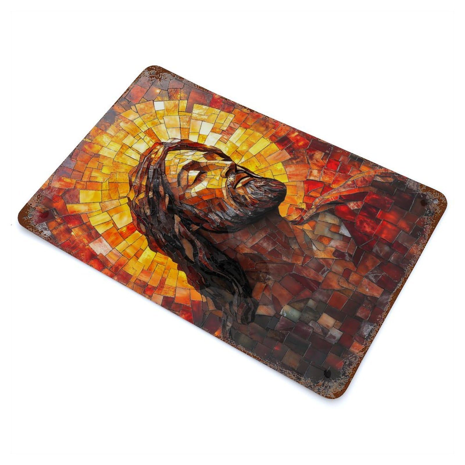 Vintage Rust Metal Sign Jesus Christ Stained Glass Mosaic Art 11.8"x7.9", Novelty Wall Decor for Garage, Bar And Workshop Decor
