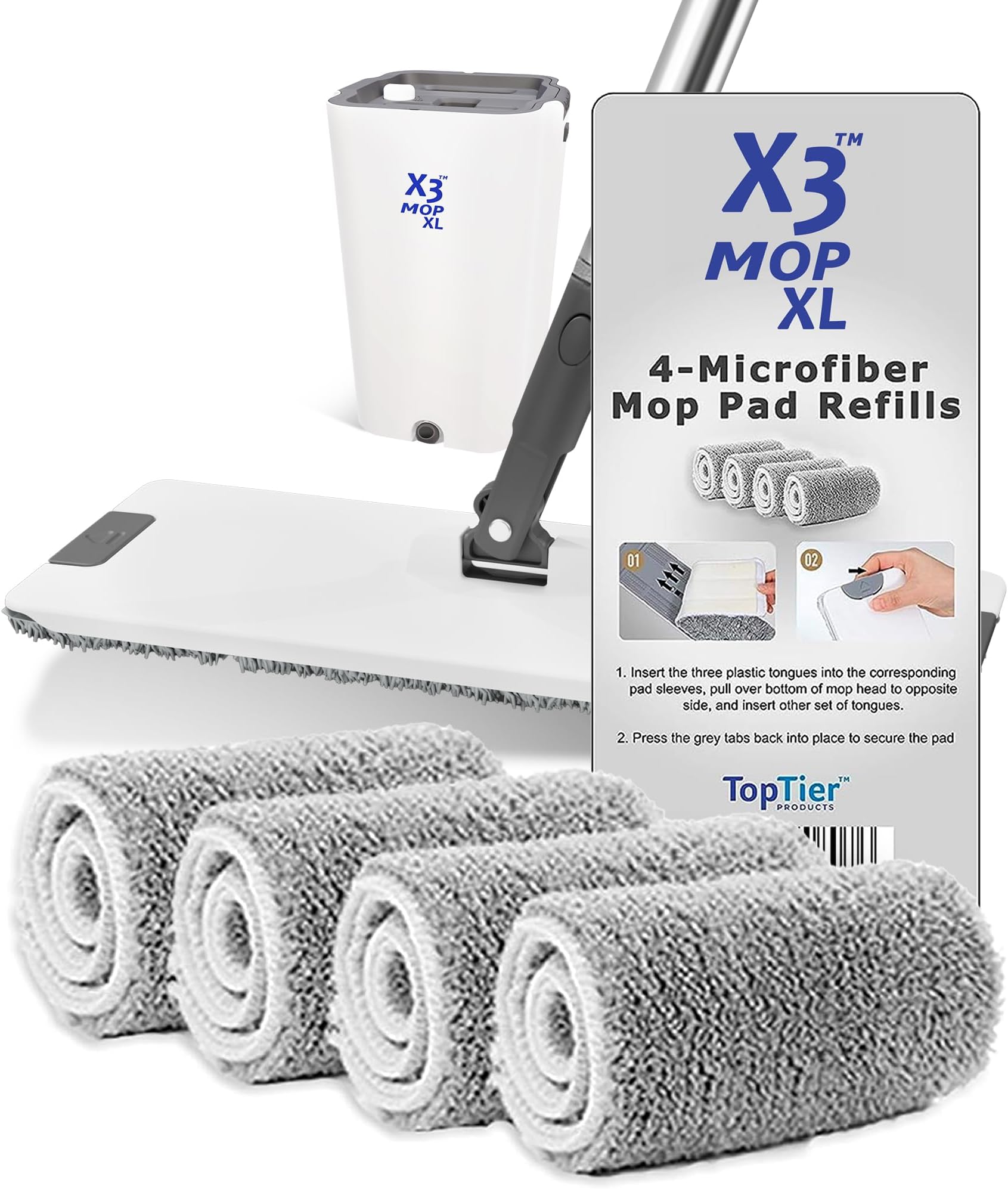 X3 Mop XL Replacement Microfiber Cleaning Pads, 4 Pack of Reusable Flat Mop Heads. (Pads fit X3 Mop XL Only)