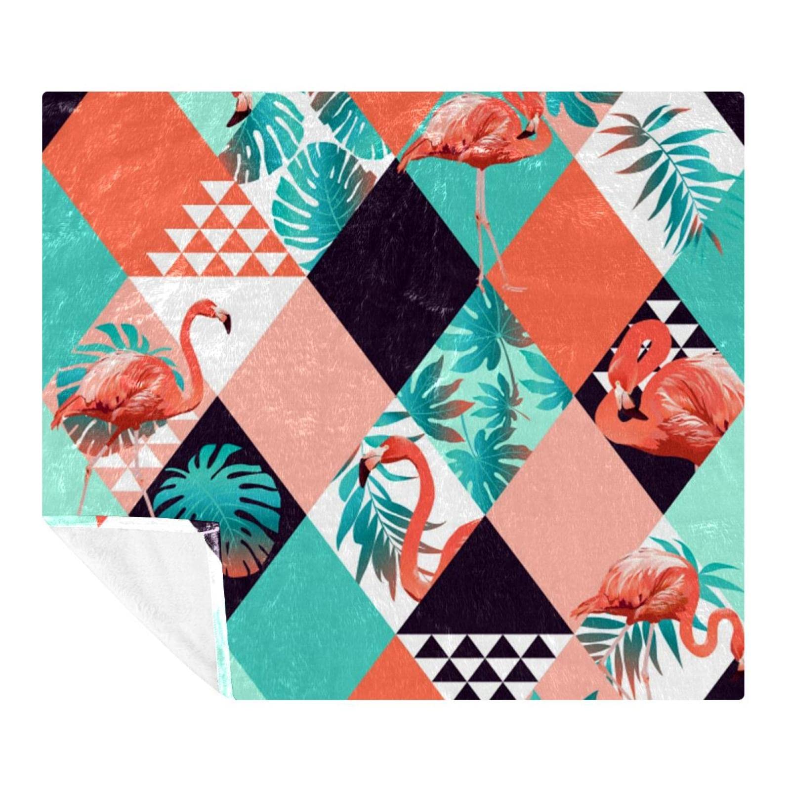 Couverture polaire en microfibre premium douce à motif feuilles de palmier et flamant rose