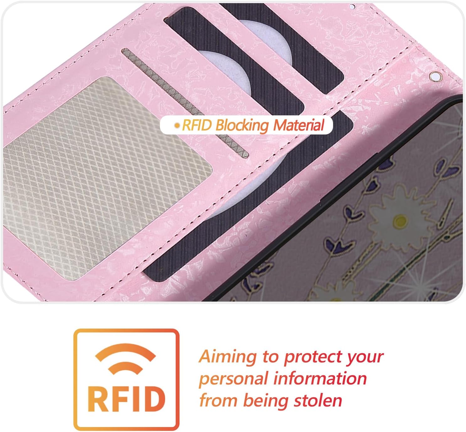 UEEBAI Wallet Case for iPhone 17, PU Leather Phone Cover Kickstand RFID Blocking Flip Case Card Slots Wrist Strap Relief Engraved Pattern Magnetic Closure Flower Folio Wallet, Lavender - Image 5