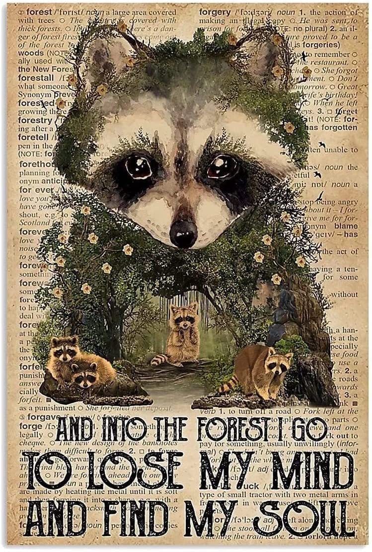 Haosensix Fun Raccoon Into The Forest Metal Tin Sign Vintage Poster Family Bathroom Toilet Bar Cafe Wall Decoration Plaque 12x16 Inches