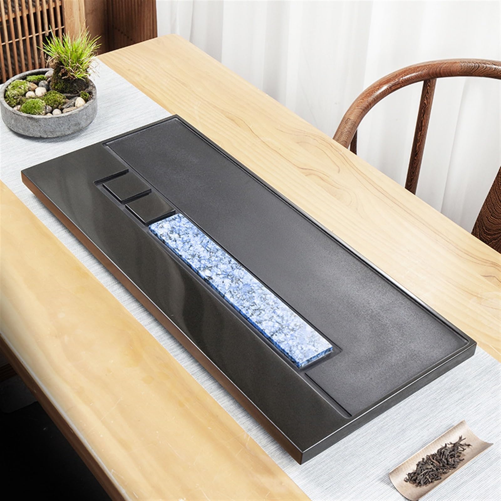 Plateau à thé de Table chinoise maison pierre incrustée d'ébonite entière naturelle Table à Thé pour la Maison Plateau à Thé(80x35x3cm)