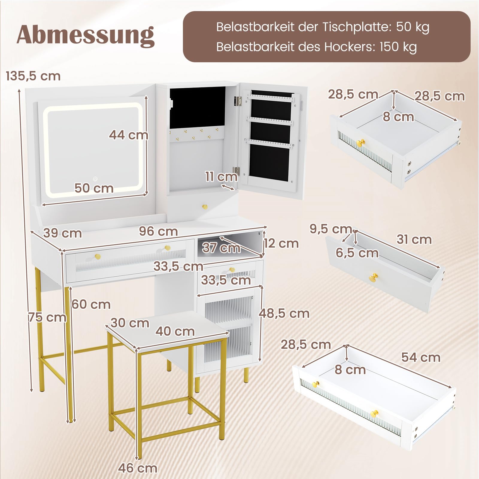 COSTWAY Toaletka z oświetleniem LED, toaletka ze stacją ładującą, szafka na biżuterię, taboret, lustro, 3 szuflady, szafka i uchwyt na suszarkę do włosów, toaletka, biała