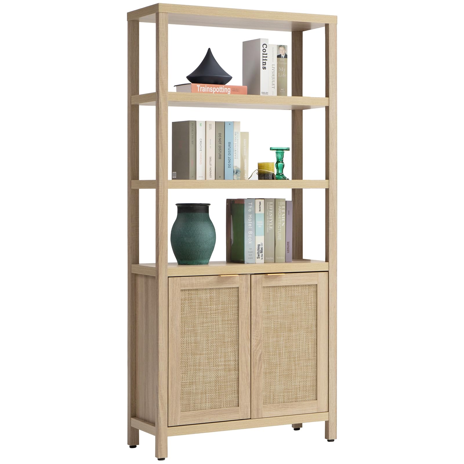 SICOTAS Bookshelf 5 Tier Book Shelf Rattan Boho Tall Bookcase with Doors Storage Wood Shelves Large Bookshelves Farmhouse Bookcases Book Case for Living Room Bedroom Library Office Kitchen (Natural)