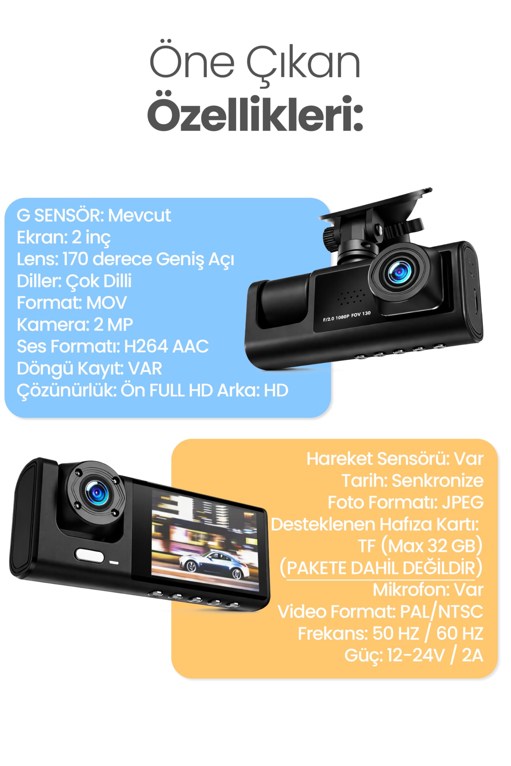 3 Kameralı LCD Ekran Araç Kamerası FullHD Geniş Açı Ön + Arka + Araç İçi Kamera Hareket Sensörü C309