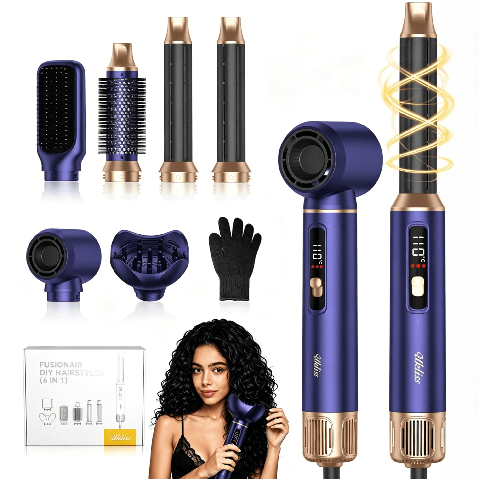 UKLISS Hairstyler 6 in 1 Air Styler Set [mit Diffusor], Pro Hair Styler Set | LCD Display 1000w Haartrockner mit Diffusor, Air Lockenstab Rundbürstenföhn, Föhnbürste, Glättbürste - Gold Blau