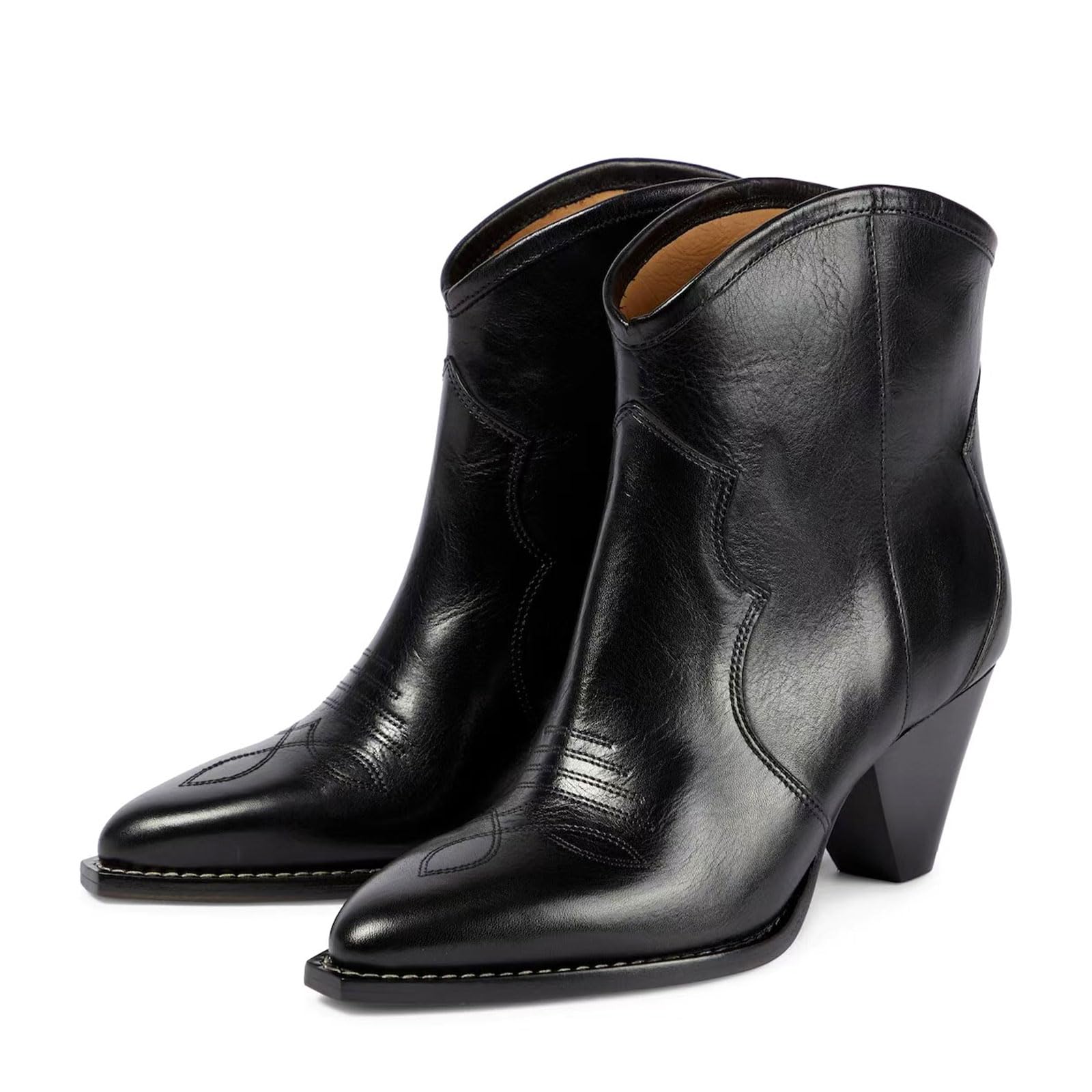 Womens Block Heel Western Ankle Boots Retro Embroidered Square Toe Pull On Mid Block Heel Comfortable Fall Winter
