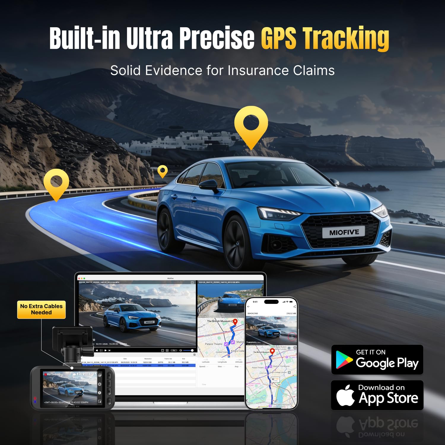 Miofive 4K+2K Dual Dash Cam Front and Rear, Pre-installed 64GB Card, 5GHz Wi-Fi Bluetooth GPS, 3" IPS Screen, HDR Night Vision, 24H Parking Mode, AI Start & UK Speed Camera Detection — view 6