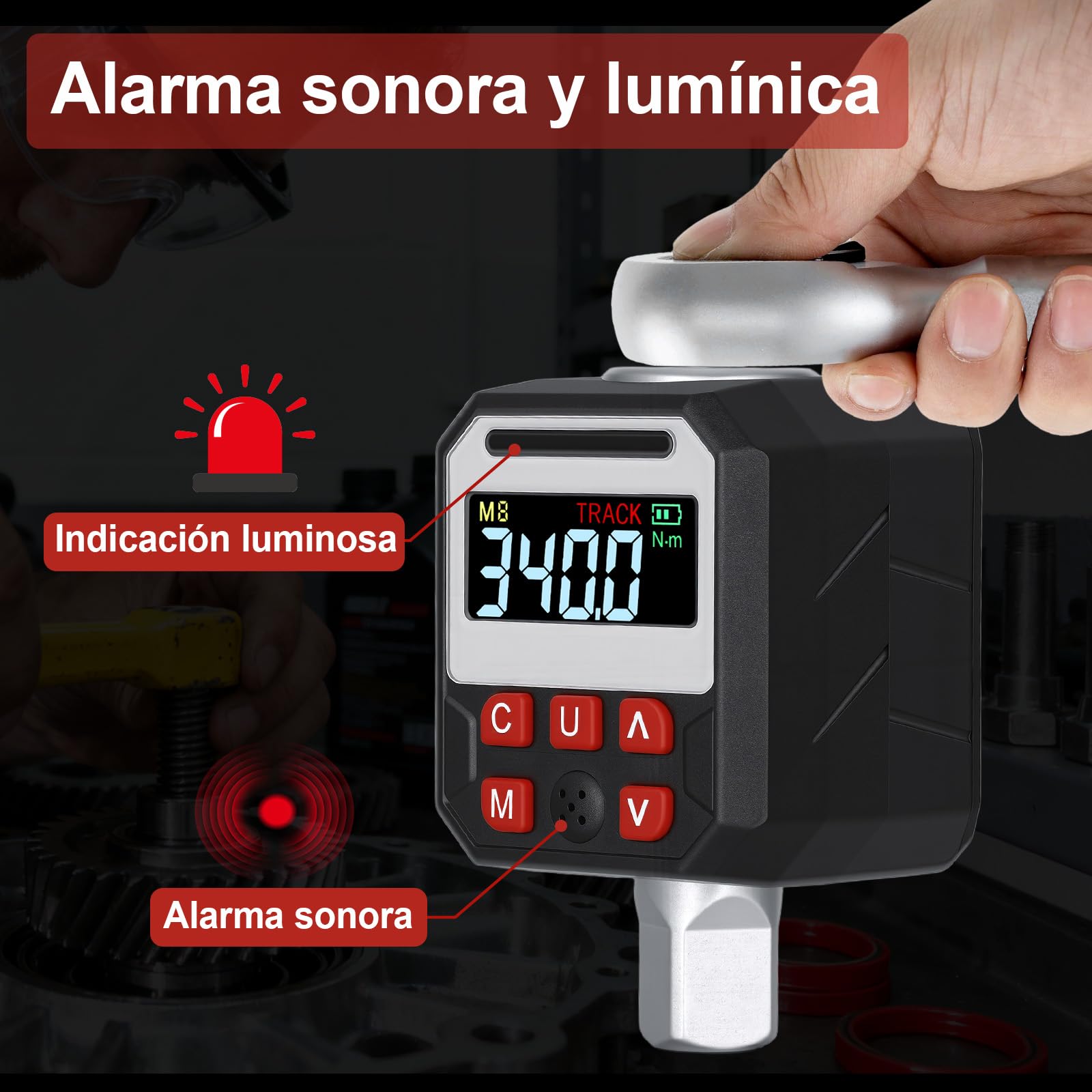 Medidor de Torsión Digital con Adaptador de Torsión de Llave de Pantalla LED de Transmisión de 1/2 Pulgada, Material de CRV, 9 Modos Preestablecidos, Seguimiento en Tiempo Real y (17-340NM)
