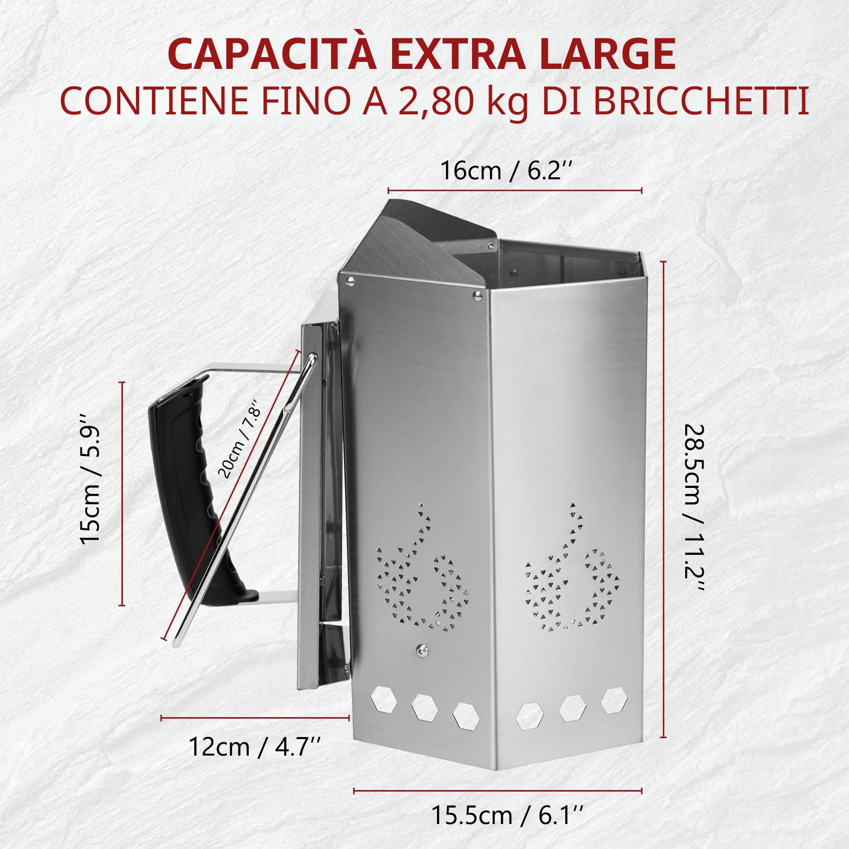 onlyfire Ciminiera Accenditore in Acciaio Inox, Starter per Camini da Barbecue con Sicurezza Isolata Termicamente e Manici in Metallo, Accenditore Rapido per Barbecue e Griglie a Carbonella
