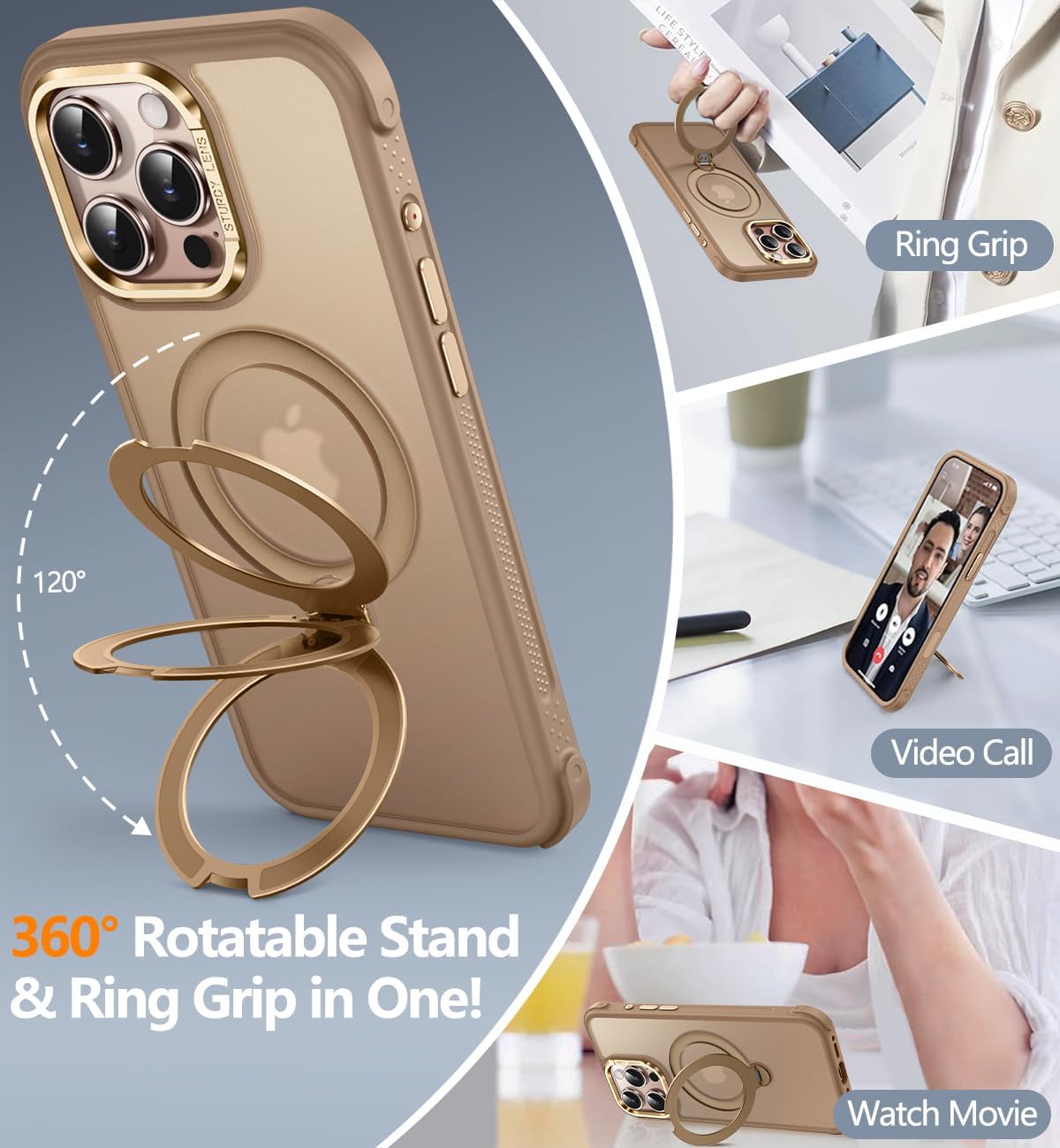 Reukdnv Magnetic for iPhone 16 Pro Case, Military Drop Protection, Compatible with MagSafe, Slim Translucent Matte Shockproof Protective Phone Case with 360° Spin Stand 6.3", Desert Gold - Image 3