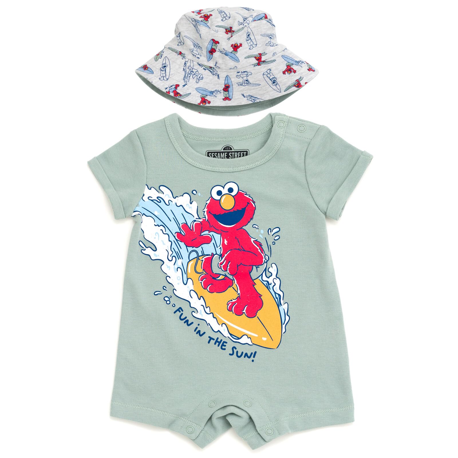 Sesame Street Elmo Cookie Monster Big Bird Romper and Bucket Sun Hat Newborn to Toddler