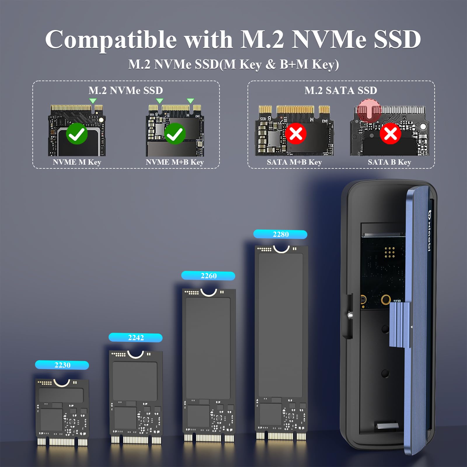 Enclosure NVMe, installazione senza attrezzi, adattatore PCIe M.2 M.2 Gen 2 (10 Gbps) a M.2 NVME M-Key/(B+M) Key PCIe M.2 Supporto UASP e Trim, per SSD 2230/2242/2260/2280