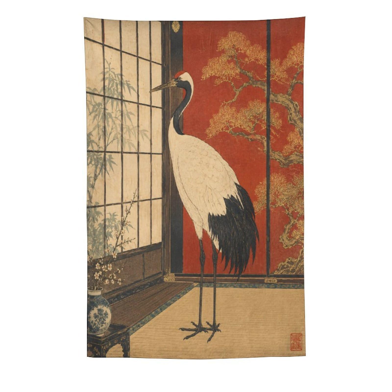 H3B8U2Y5 Crane in Red Room Wall Tapestry, Realistic Illustration, Office