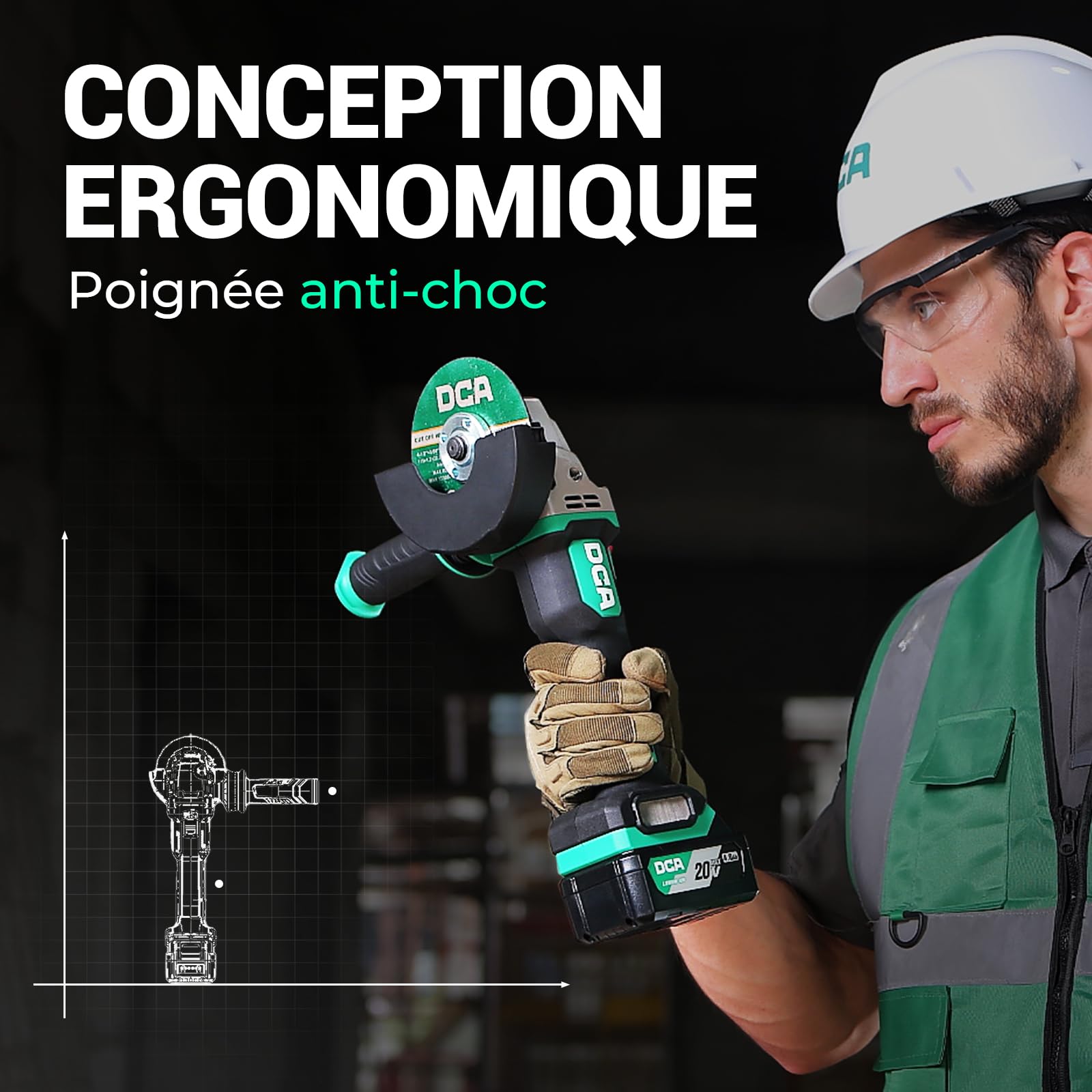 DCA Meuleuse d'angle Sans fil Sans balai 20V, Ø125mm, incl. Batterie 4.0Ah & Chargeur Rapide, 8500 tr/min Meuleuse d'angle avec Capot à Fermeture Rapide, 6 Disques pour Tronçonner, Poncer