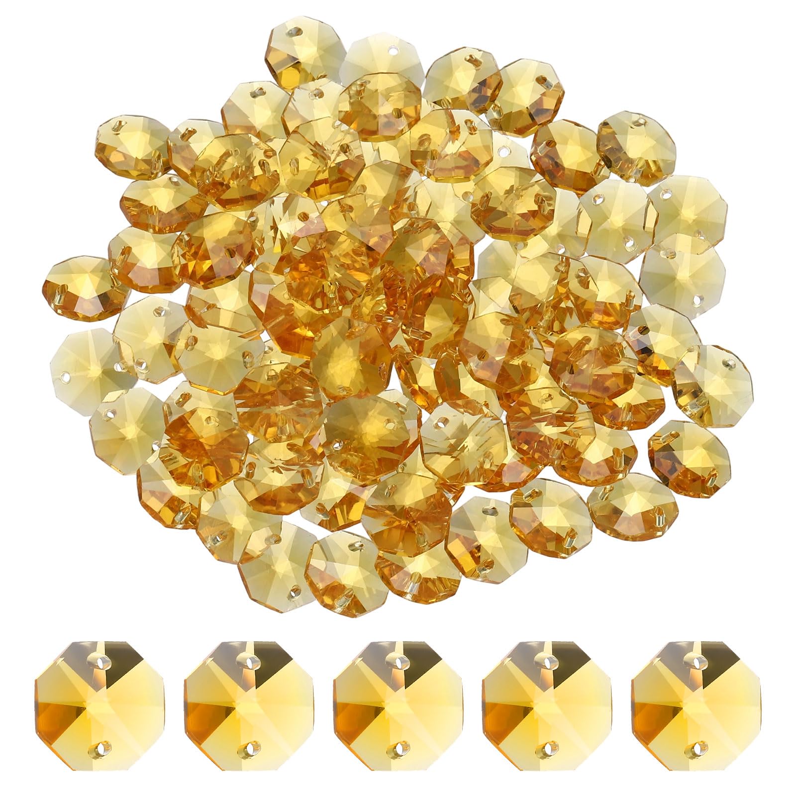 YELARXI 14mm Glass Octagon Beads, Sun Catcher Beads Bulk 2 Hole Sun Catcher Pendants 0.55" & 80 Pcs & Golden Yellow-Fitting for (Arts Crafts/Crystal Chandelier Repair/DIY Wind Chime)