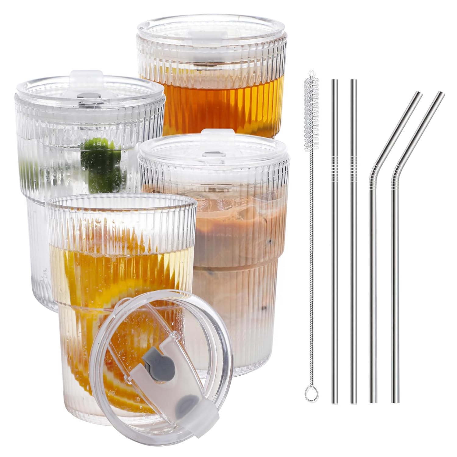 R LW Y 16 OZ Iced Coffee Cups with Lids and Straws Set of 4 Unbreakable Plastic Drinking